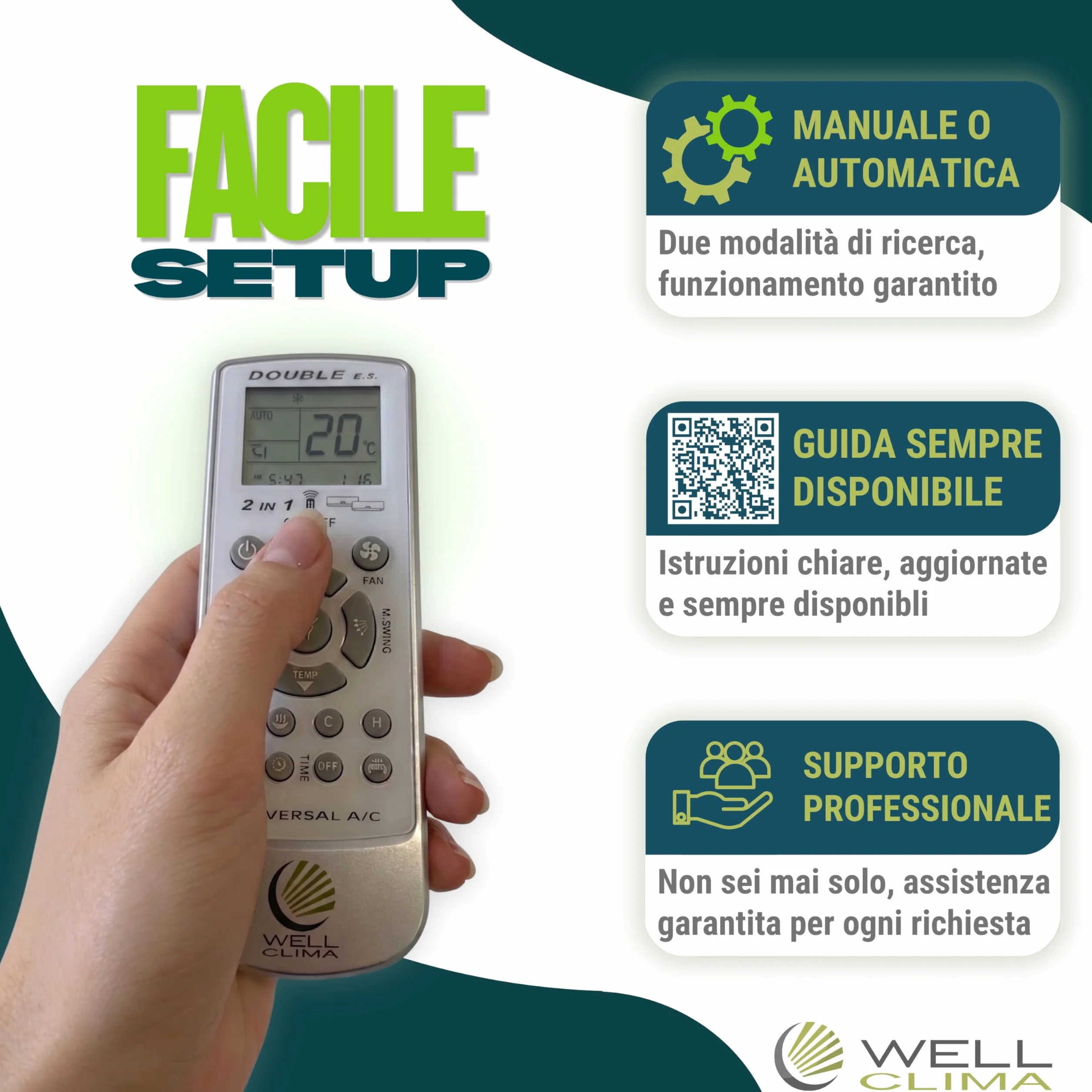 Wellclima Double E.S Telecomando Universale per Condizionatori Climatizzatori, Progettazione Italiana, Compatibile con 10000+ Modelli e 500+ Marche, Risparmio Energetico Anti Spreco, 2 in 1 Due Split