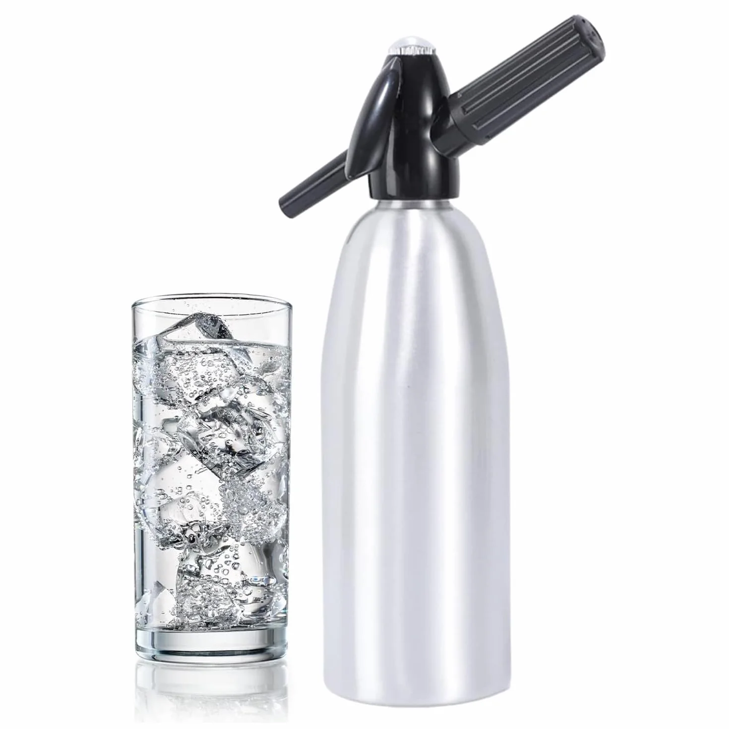Sifone per Soda da 1 l, in Alluminio, Manuale per bibite Fatte in casa, Mojito, Gin Fizz Cocktail e Spritzer di Vino, Argento