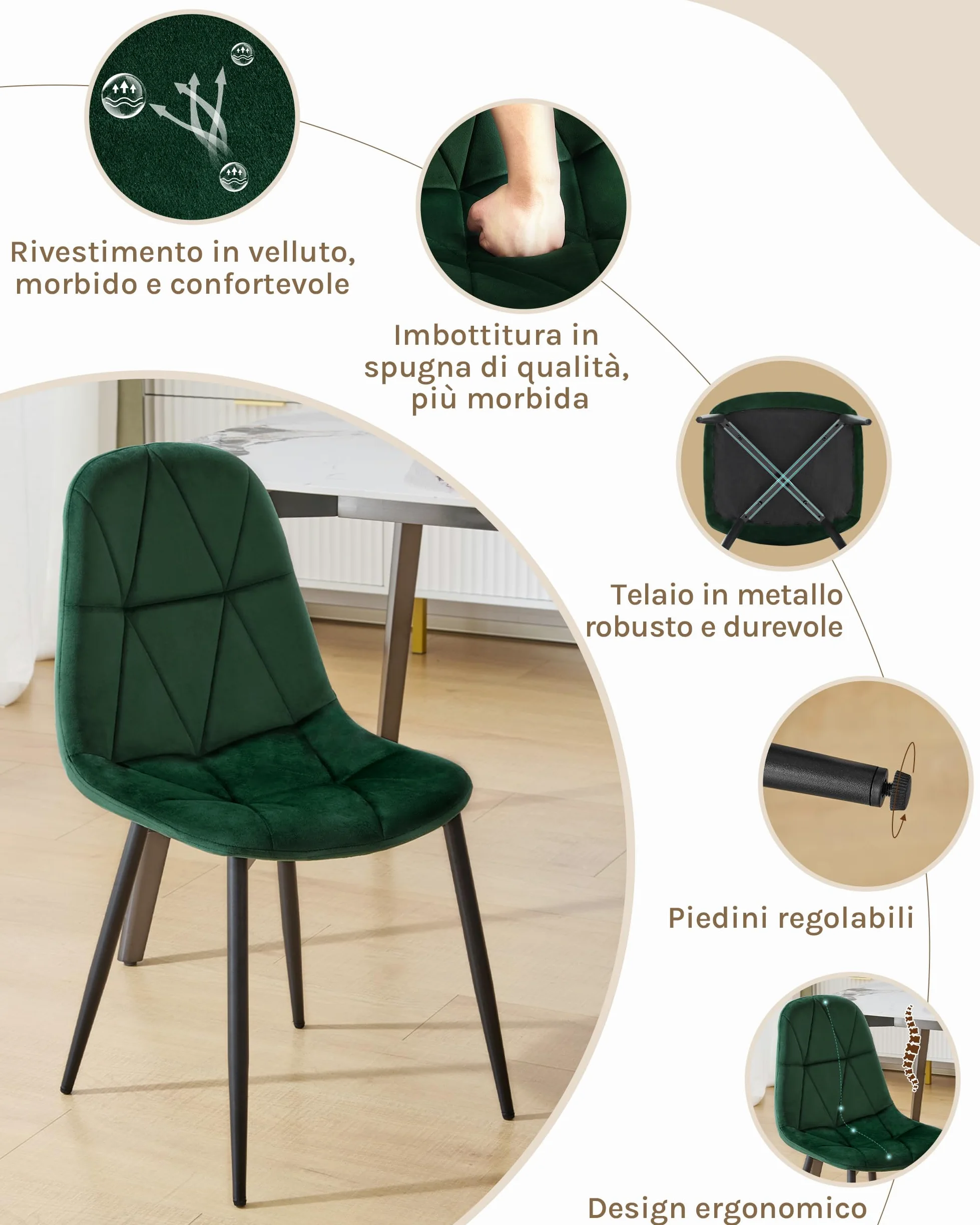 Lestarain set di 4 Sedia da Pranzo in Velluto, Sedie sala da pranzo con Schienale, Sedia Ergonomica con Gambe Metalliche, Seduta Imbottita, Verde Scuro LCNI109002-4