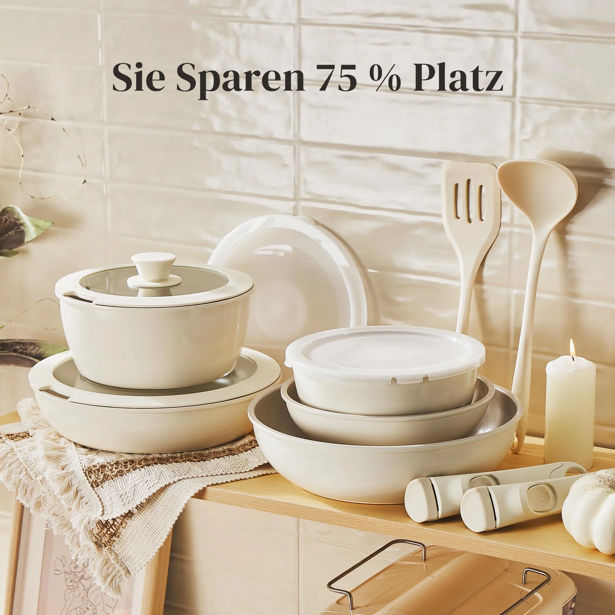 Redchef Set di Pentole in Ceramica 16 Pezzi, Padelle Antiaderente con Manico Rimovibile, Bianco
