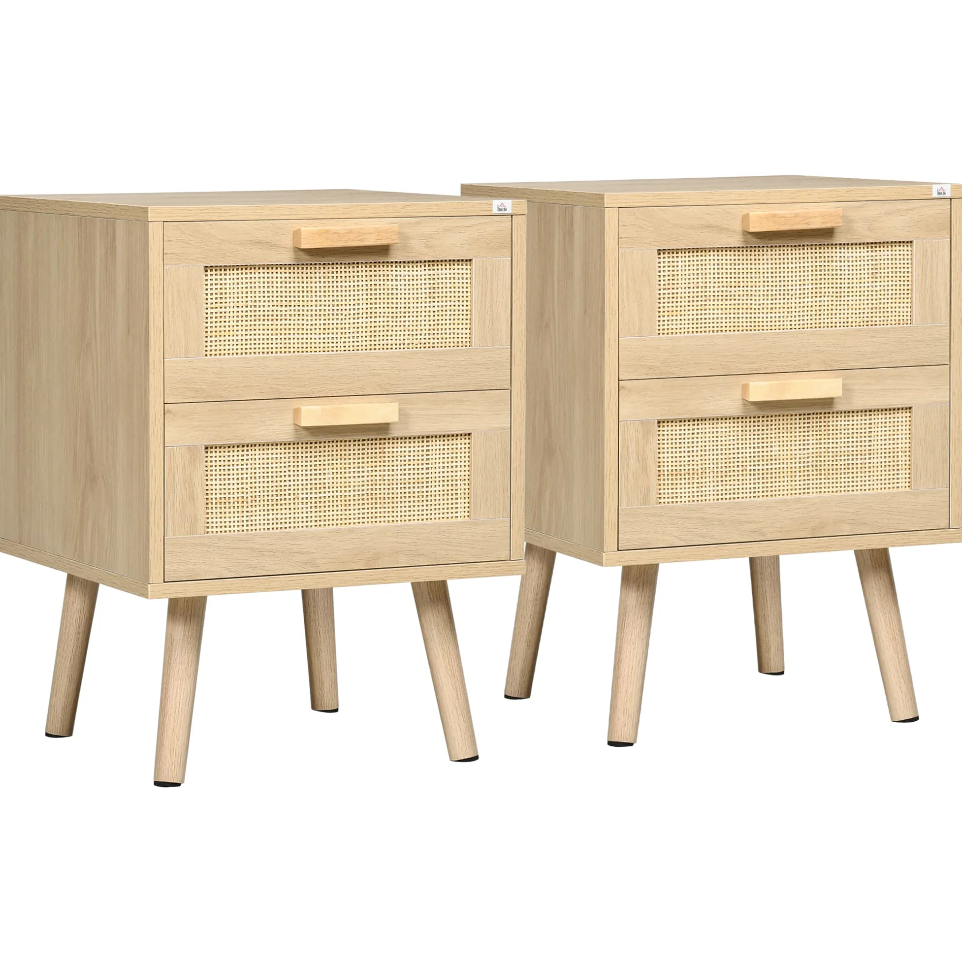 HOMCOM Set di 2 Comodini per Camera da Letto, Comodini Stile Boho Eleganti con 2 Cassetti, 40x40x56cm, Colore Legno Naturale