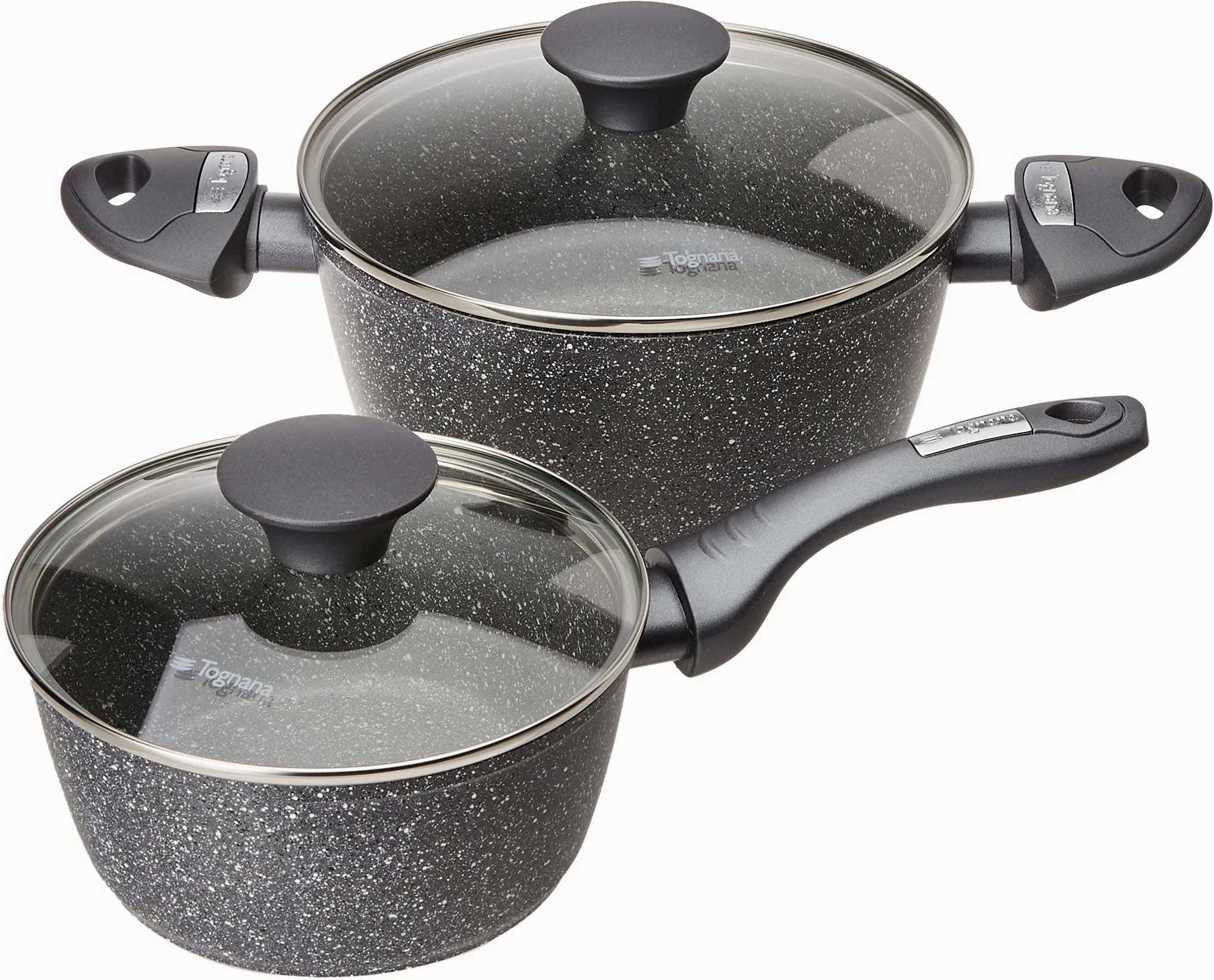 Tognana Mythos, Batteria di pentole e padelle, 9 pezzi con 3 casseruole, 2 padelle, 1 grill, 3 coperchi, Alluminio, Grigio