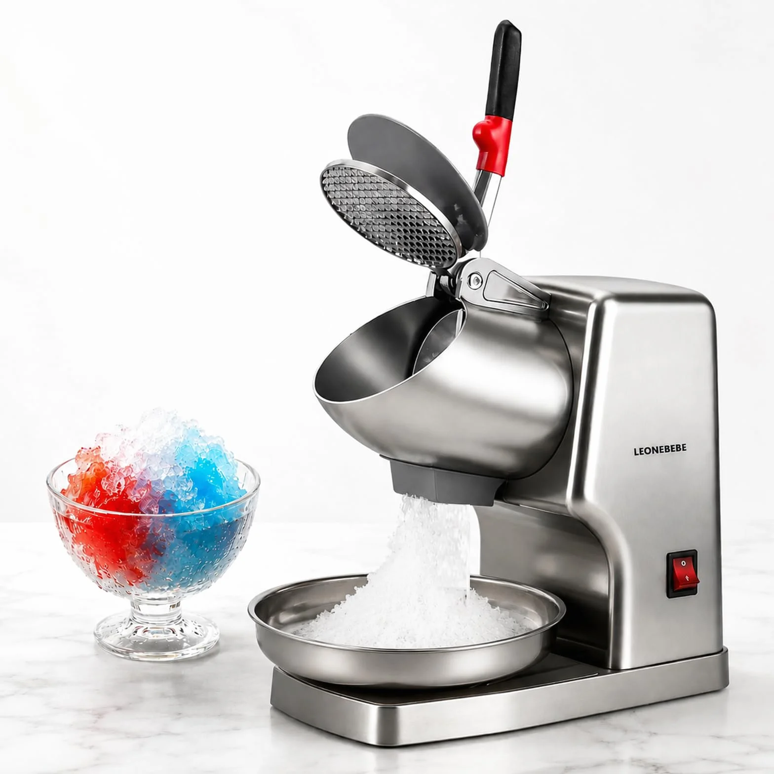 Tritaghiaccio elettrico Macchina per la creazione di coni di neve per uso domestico e commerciale, Aggiorna uscita ghiaccio 16 cm di altezza, doppie lame, 65 kg/h, 300 W/2000 giri/min, argento