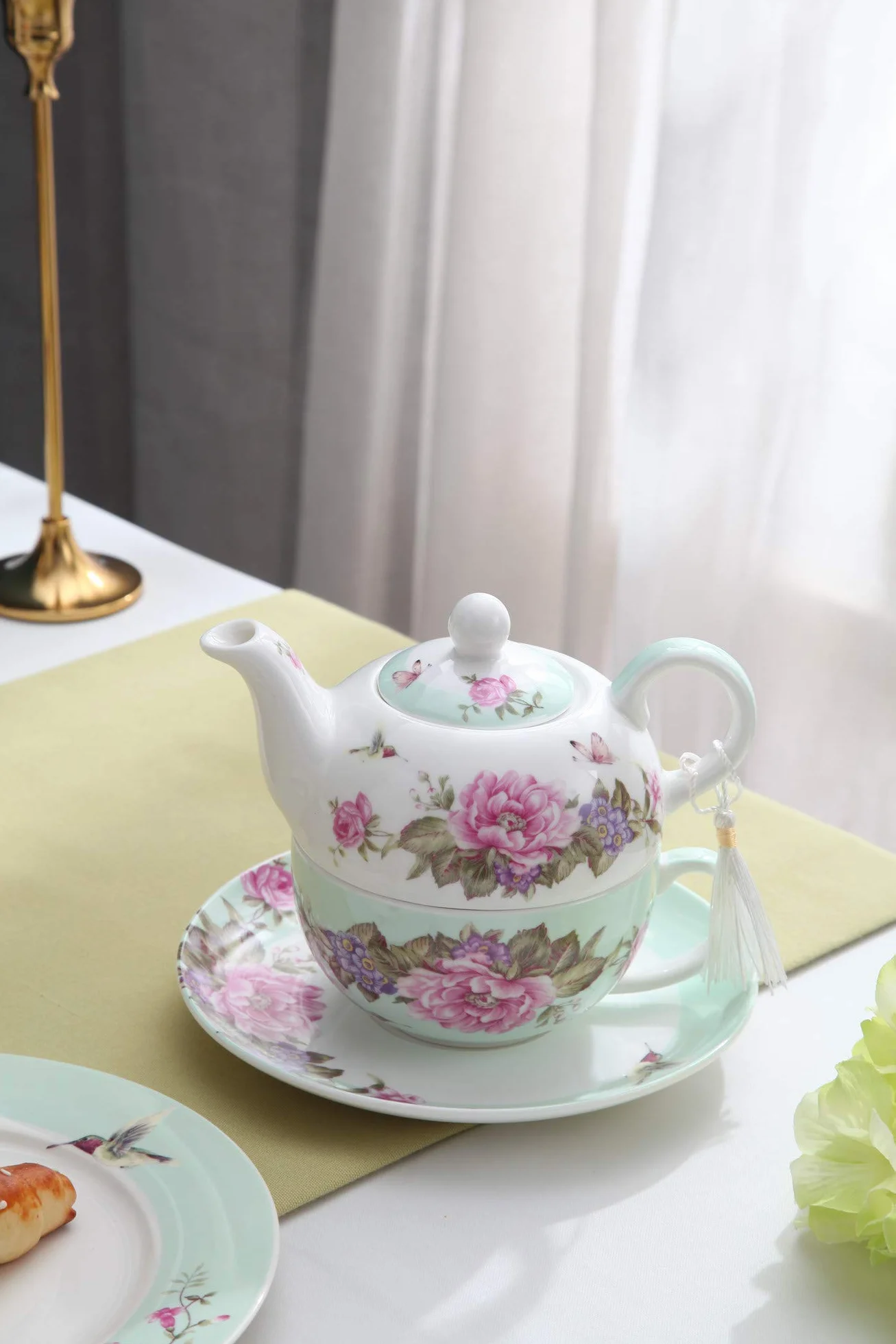 Shaby Zestaw Herbaty dla Jednej Osoby Porcelana Motyw Kwiatowy Ptaszek Róż Motyl Prezent