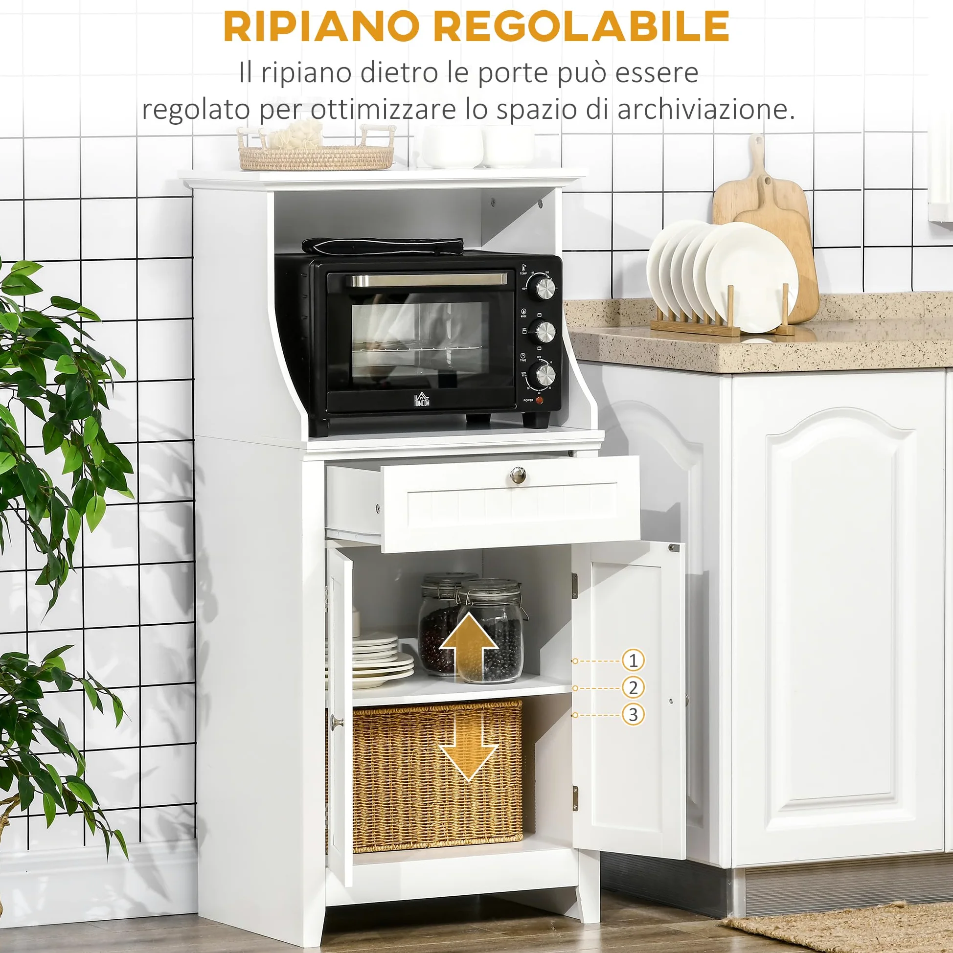 HOMCOM Mobile Cucina per Microonde e Piccoli Elettrodomestici, Mobile da Cucina con Supporto per Forno Microonde, Cassetto e Armadietto 2 Ante con Ripiano Regolabile, 60x40x122.5 cm, Bianco