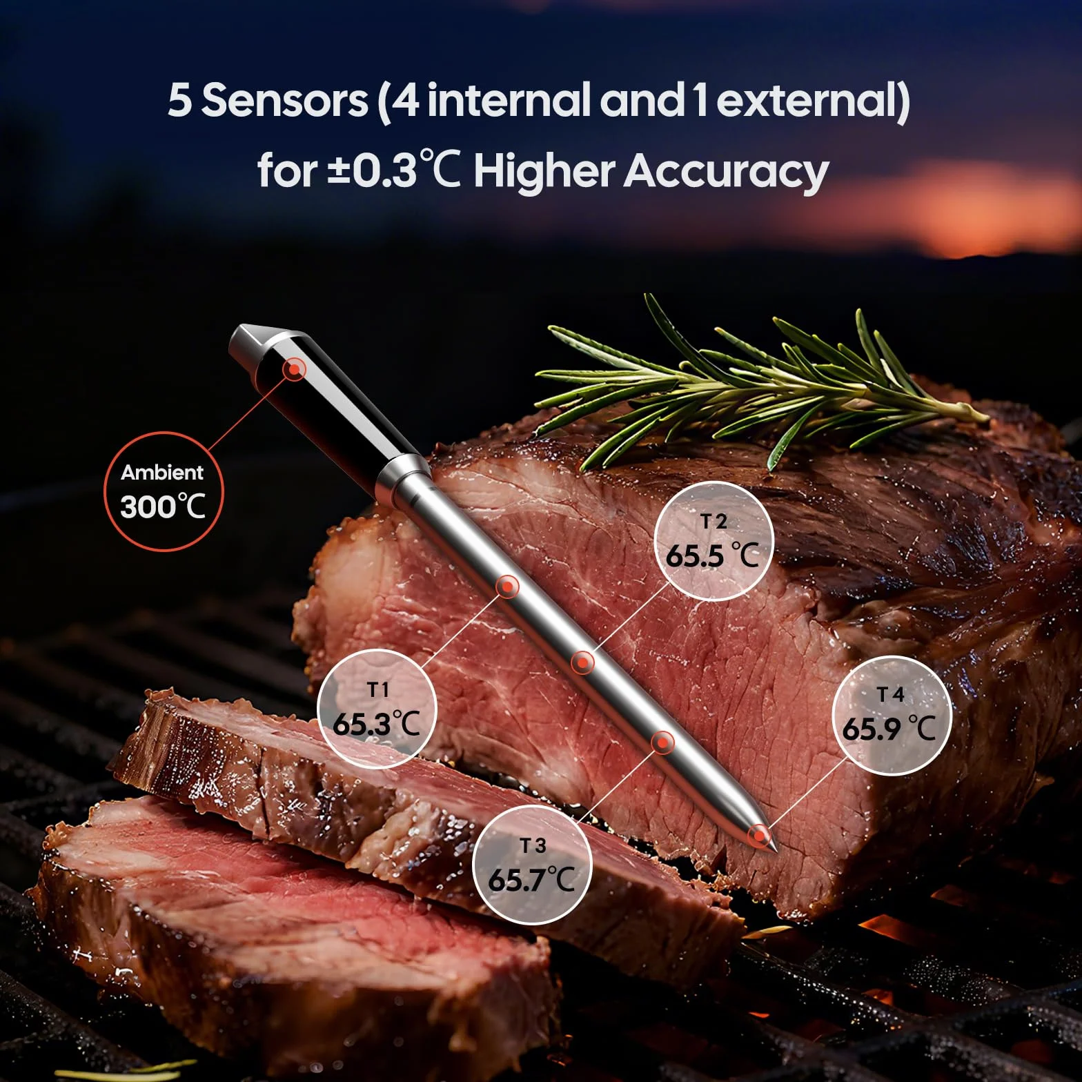 INKBIRD Termometro per Carne con Connessione Duale WiFi 5G e Bluetooth 5.4,Sonda Multi-sensore,Allarmi Temperatura e Indicatore di Cottura