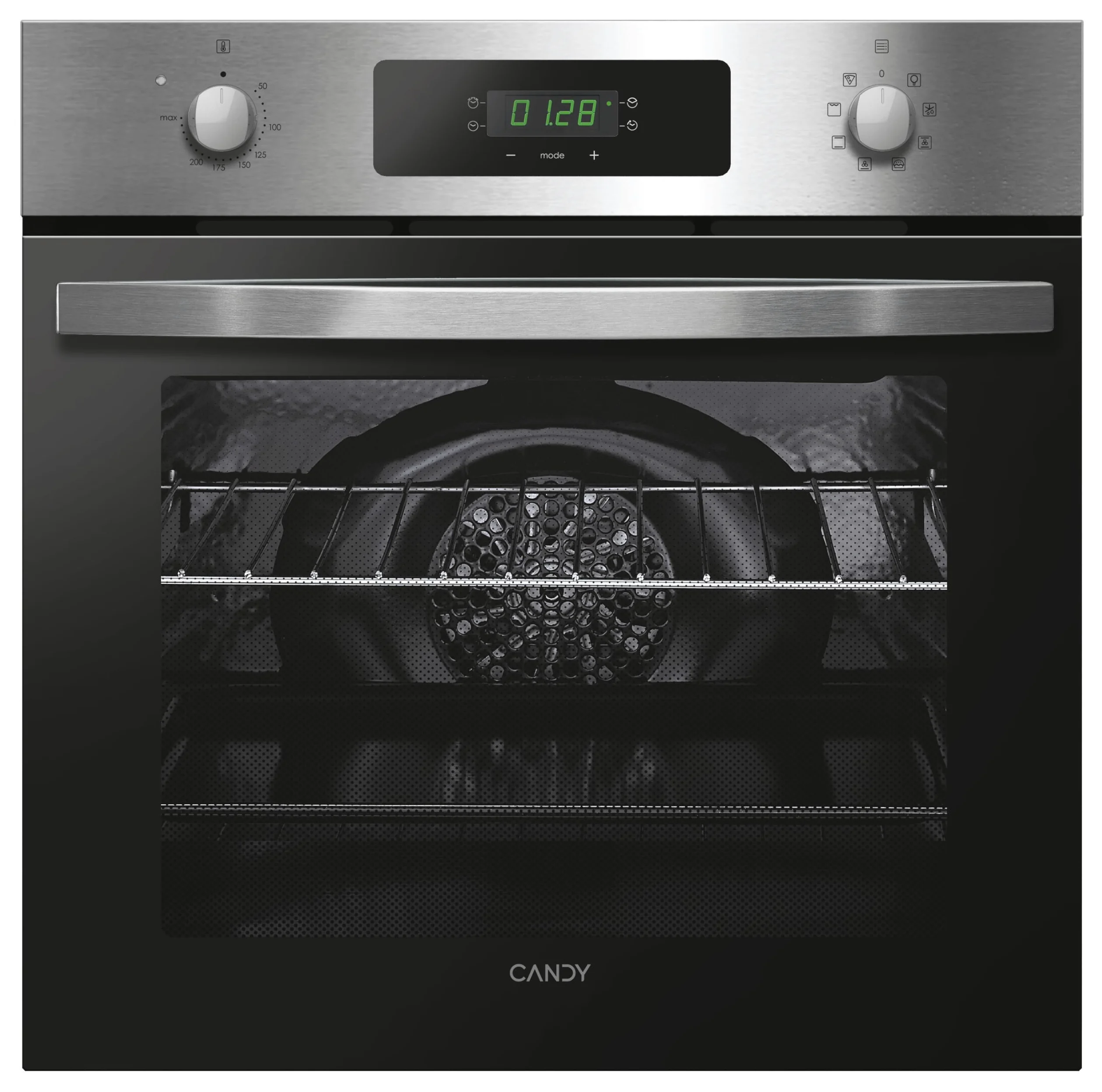 Candy Idea FIDC X605, Forno multifunzione, 65L, 2400W, 1 Vassoio e 2 Griglie, Ventilatore Radiale, 9 Funzioni, Timer, Display touch, Porta Doppio Vetro Rimovibile, Inox e Nero