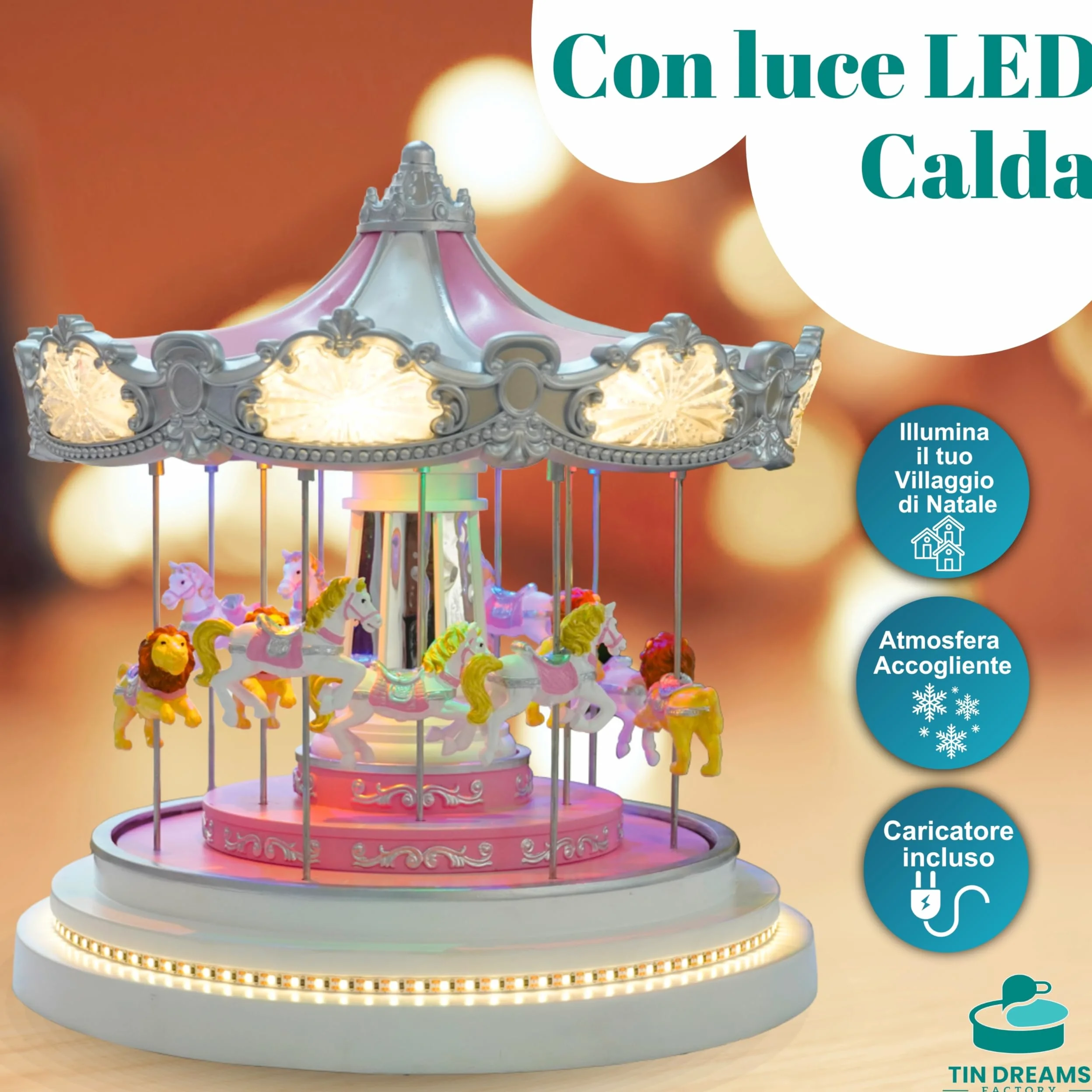 Tin Dreams| Giostra Natalizia Grande con Movimento, Musica e Luci LED| Giostrina Musicale| Villaggio di Natale, Casette, Borgo Miniatura, Scena Animata Illuminata| Addobbo Decorazioni Natalizie