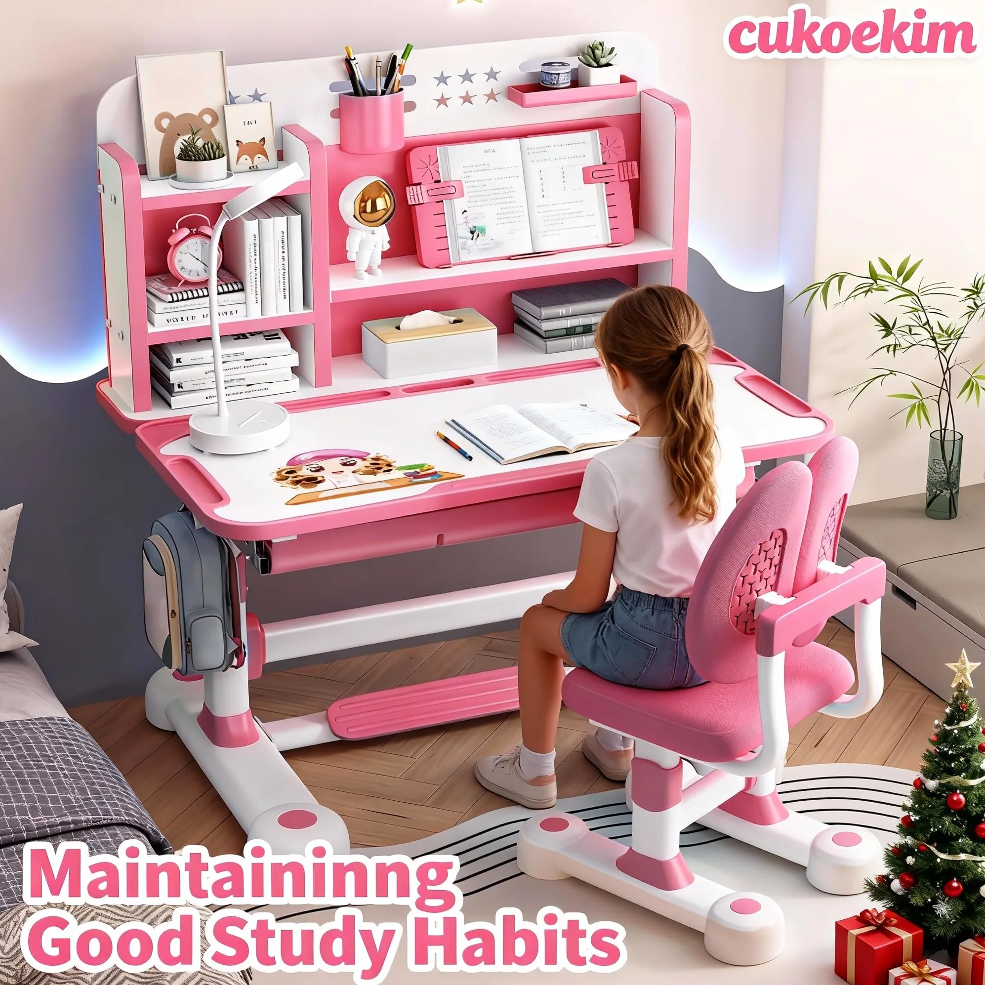 Set di scrivania e sedia regolabile per bambini, rosa, moderno, stile giocoso, 117 cm x 110 cm x 50 cm, scrittura, studio