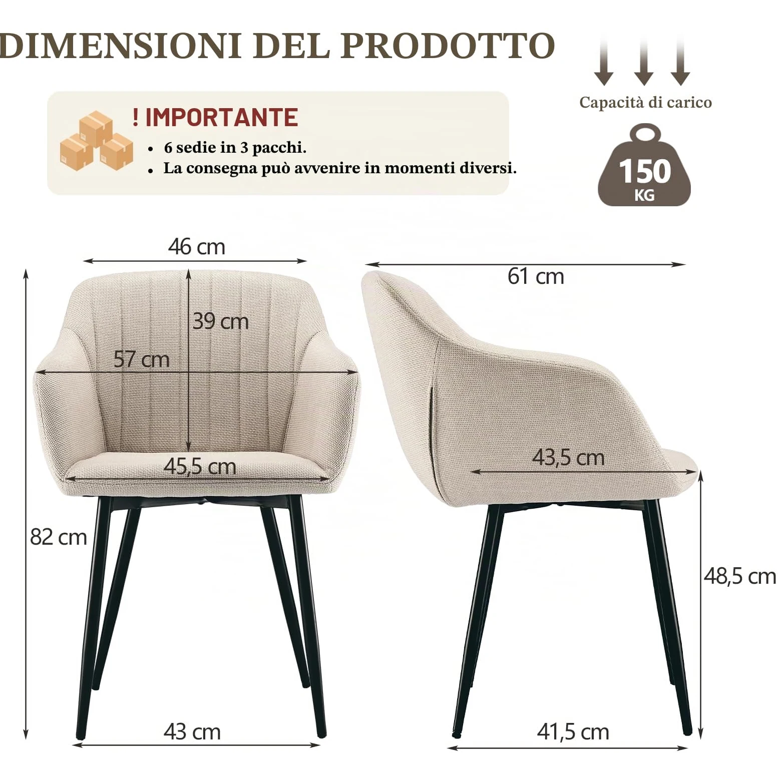 Set 6 Sedie da Pranzo Beige Imbottite con Braccioli, Poliestere, Gambe in Metallo – Cucina e Sala Moderna