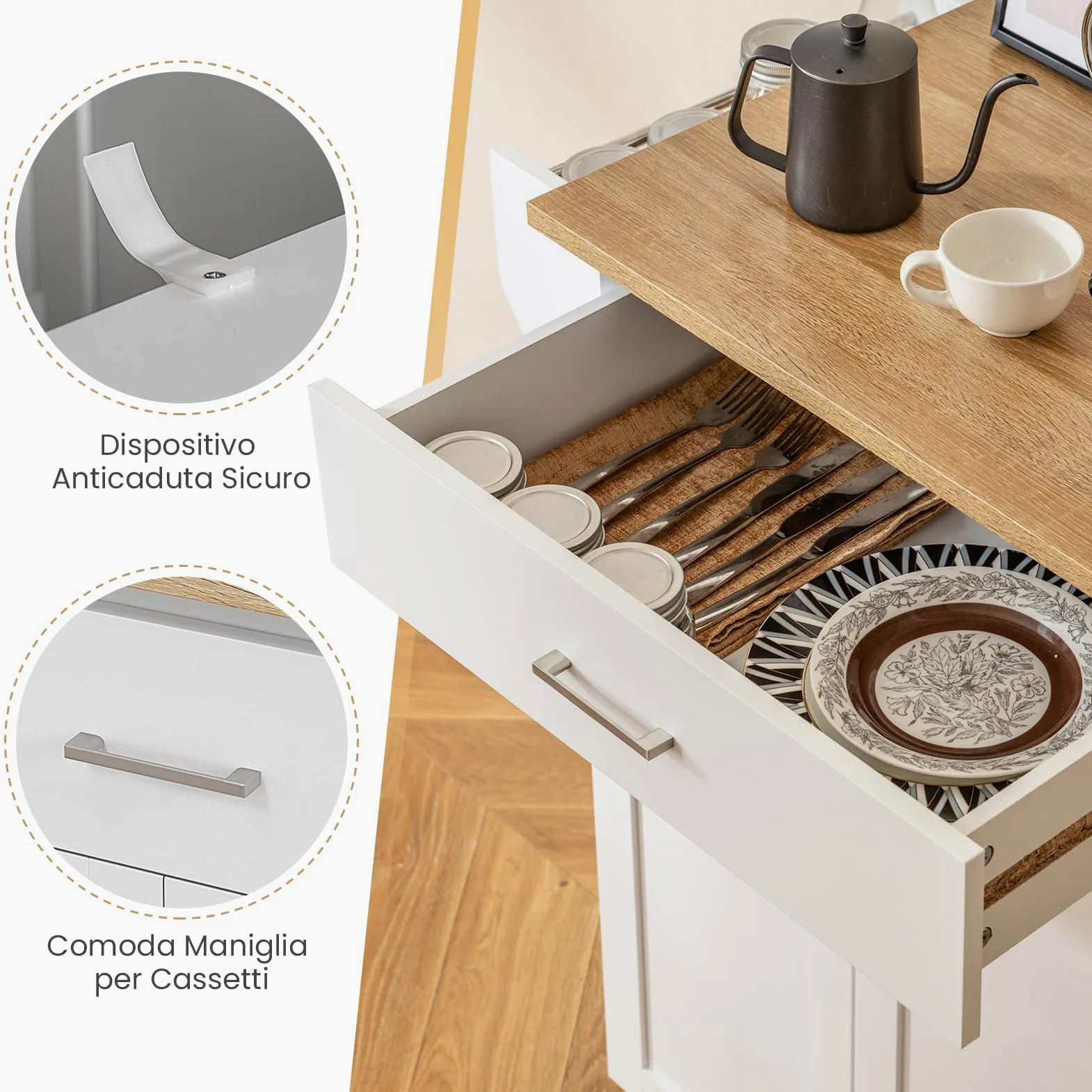 COSTWAY Isola da Cucina con Ruote, Carrello da Cucina con Cassetto e Armadio, Porta Spezie e Barre Porta Asciugamani, Armadietto Mobile con Ripiano Regolabile per Sala da Pranzo, 83x48x91 cm