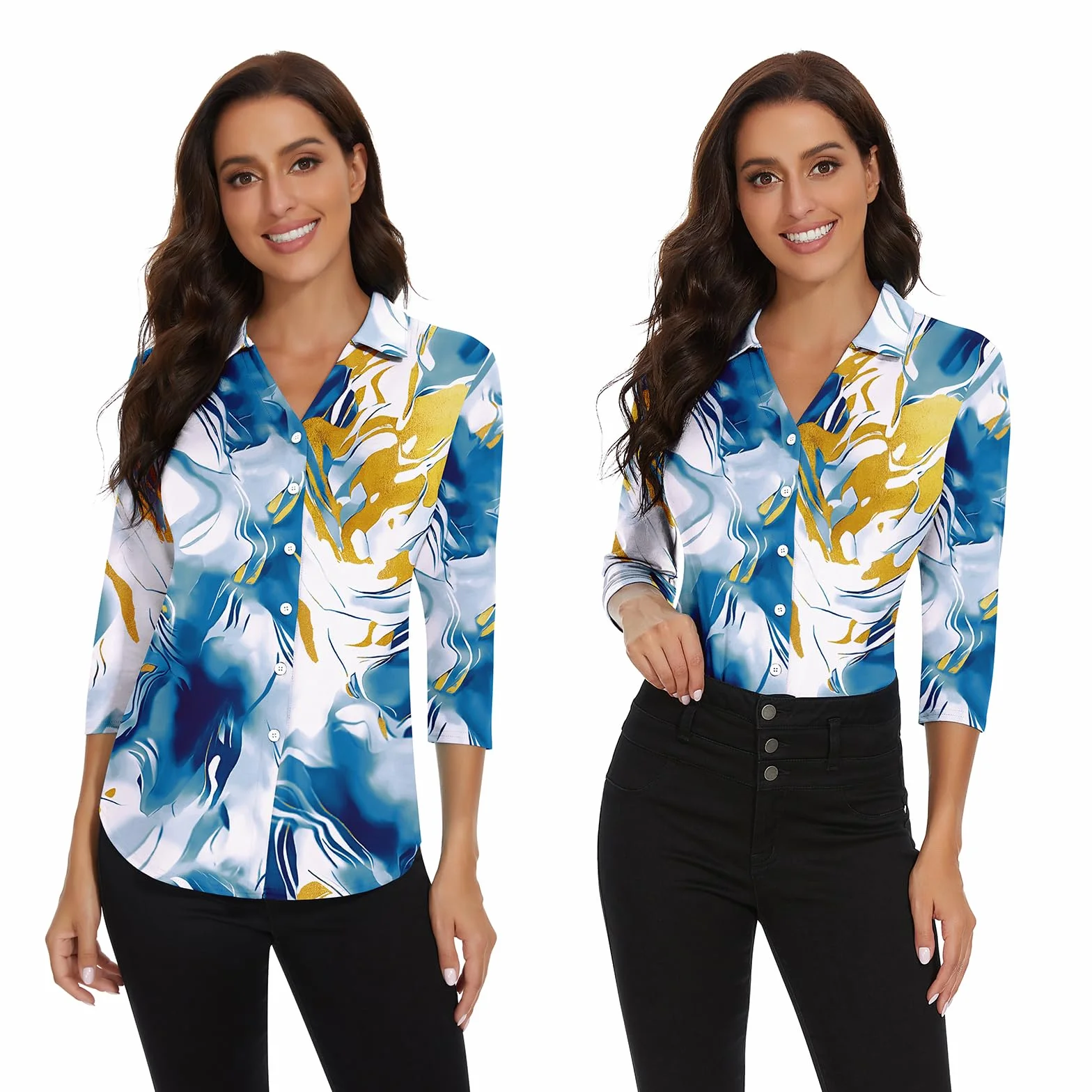 Soneven Camicia Donna Estiva Elegante, a 3/4 Maniche Lunghe Camicetta con Scollo a V Polo da Golf da Lavoro con Bottoni