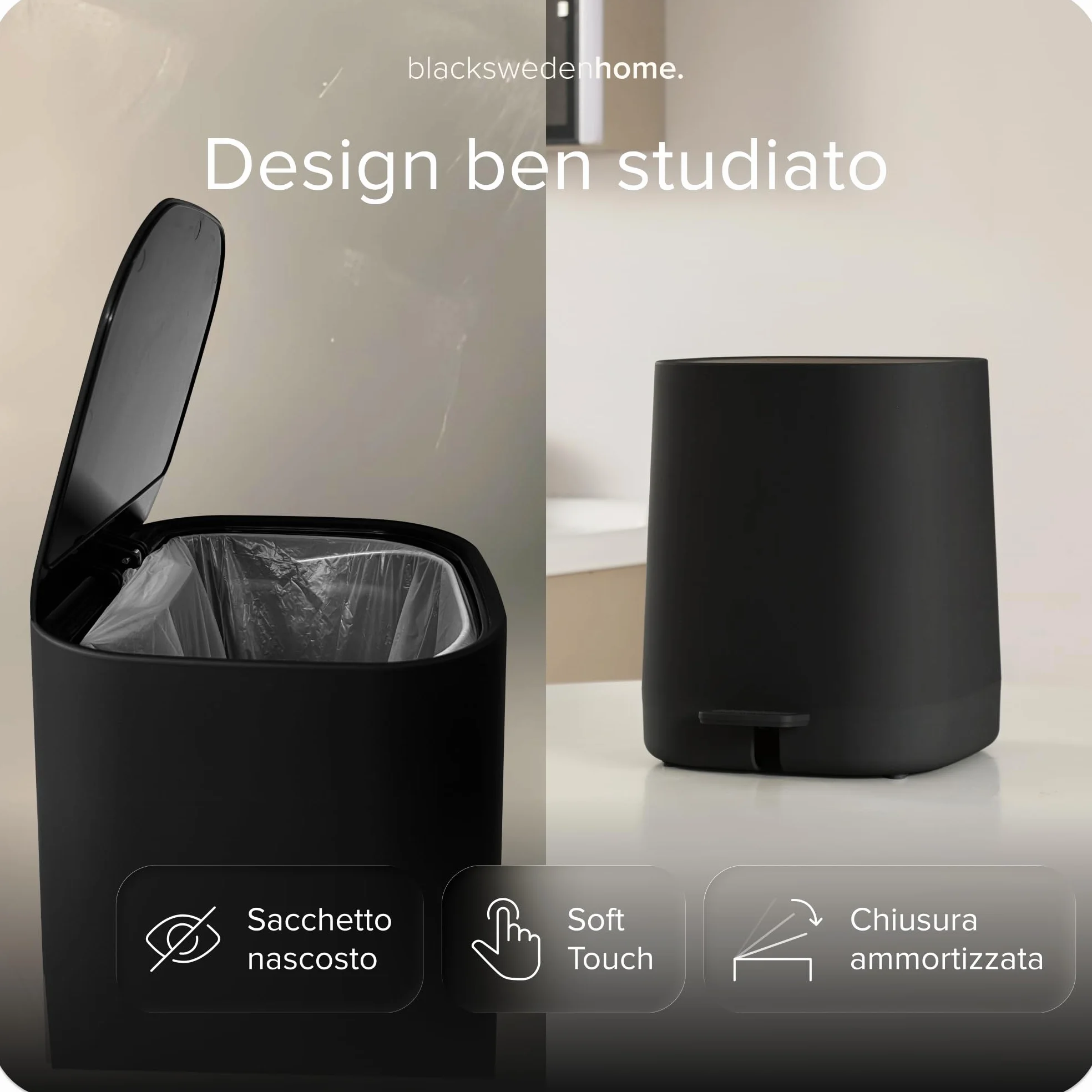 Pattumiera da bagno 5 l con coperchio a chiusura morbida e secchio interno elegante design