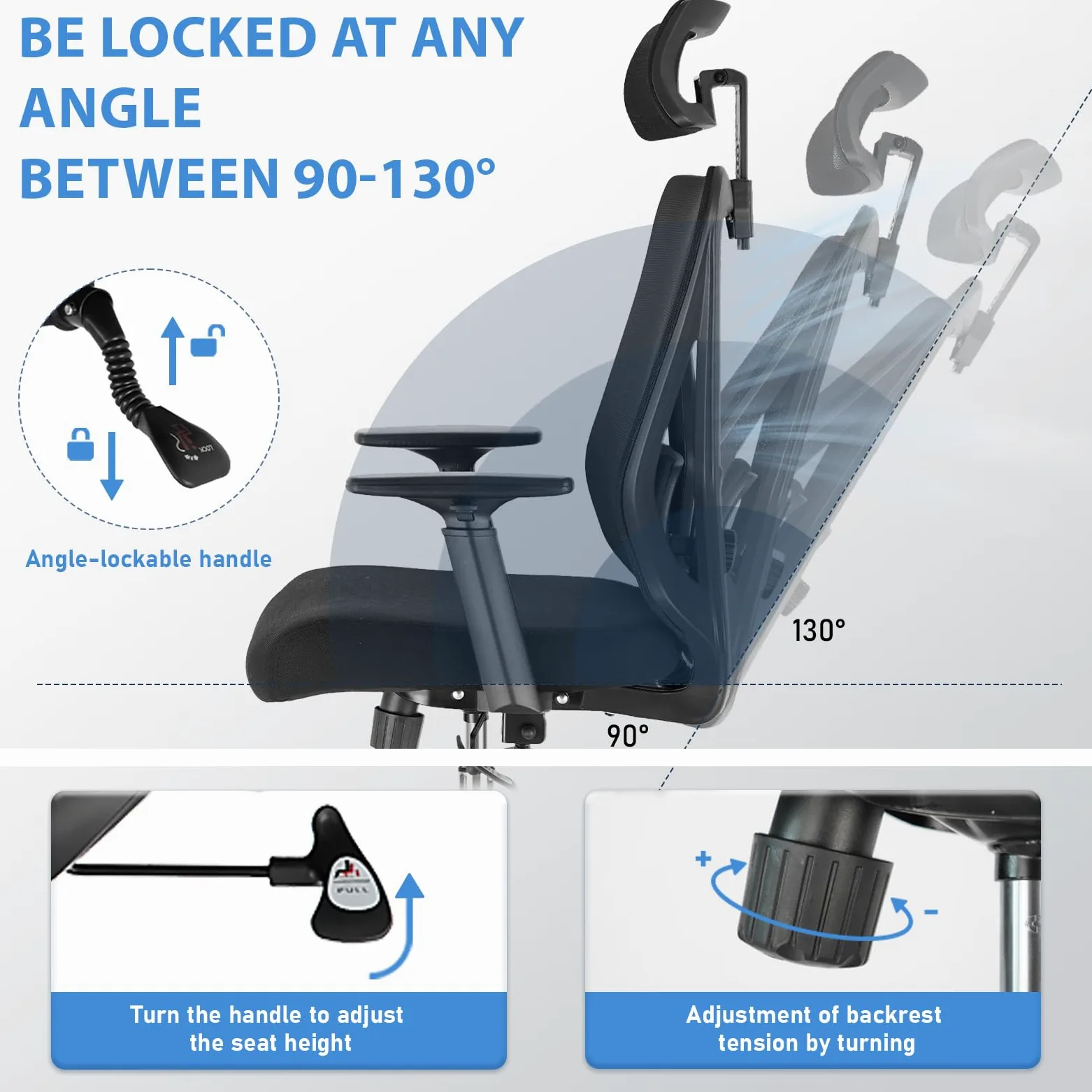 Durrafy Sedia Ufficio Ergonomica, Sedia Scrivania con 2D Poggiatesta, Supporto Lombare Regolabile und Braccioli, 90°-130° Reclinabile Poltrona Ufficio in Rete Traspirante per la Casa, Ufficio e Gaming