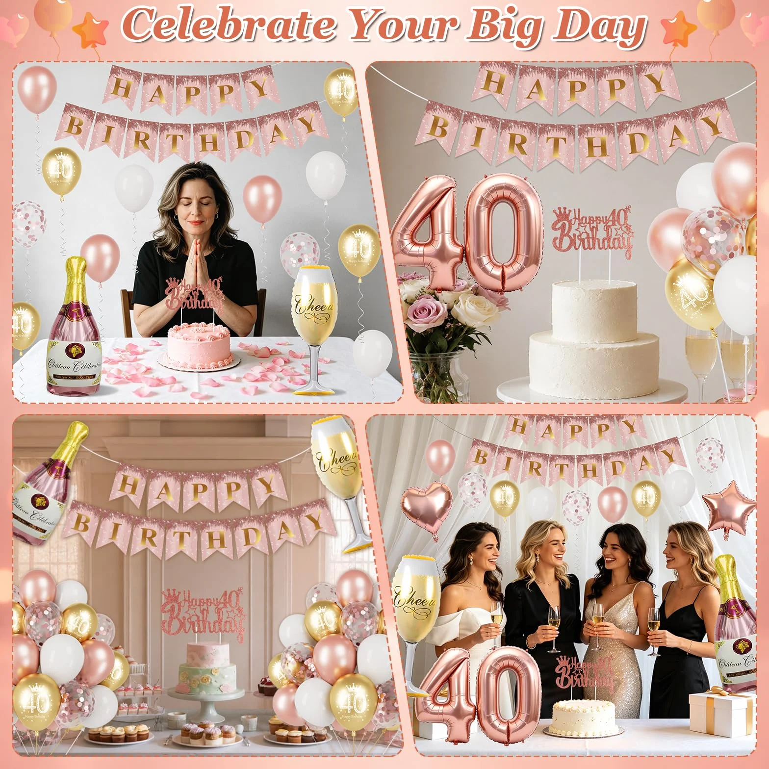 Palloncini 40 Anni Compleanno Donna Rose Gold, Decorazioni 40 Anni, Palloncino Numero 40, Bottiglia Champagne, Calice, Cuore e Stella Foil, Banner Happy Birthday, Cake Topper, Accessori Festa