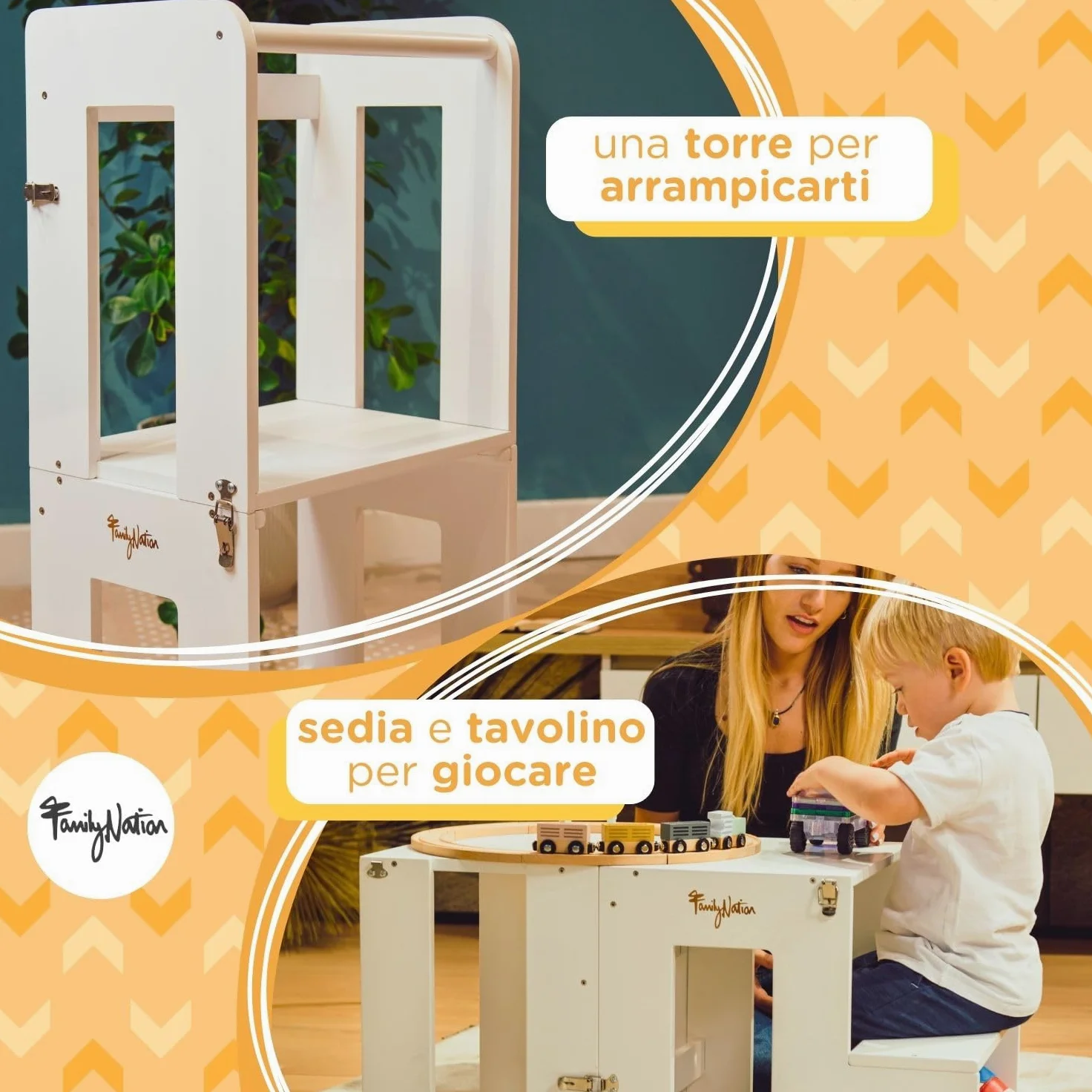 Family Nation, Torre Montessoriana 2 in 1, Convertibile in Tavolo e Sedia, per Bambini da 1 Anno di Età, Struttura in Legno con Supporto Extra, Bianca, 42x45x86 cm