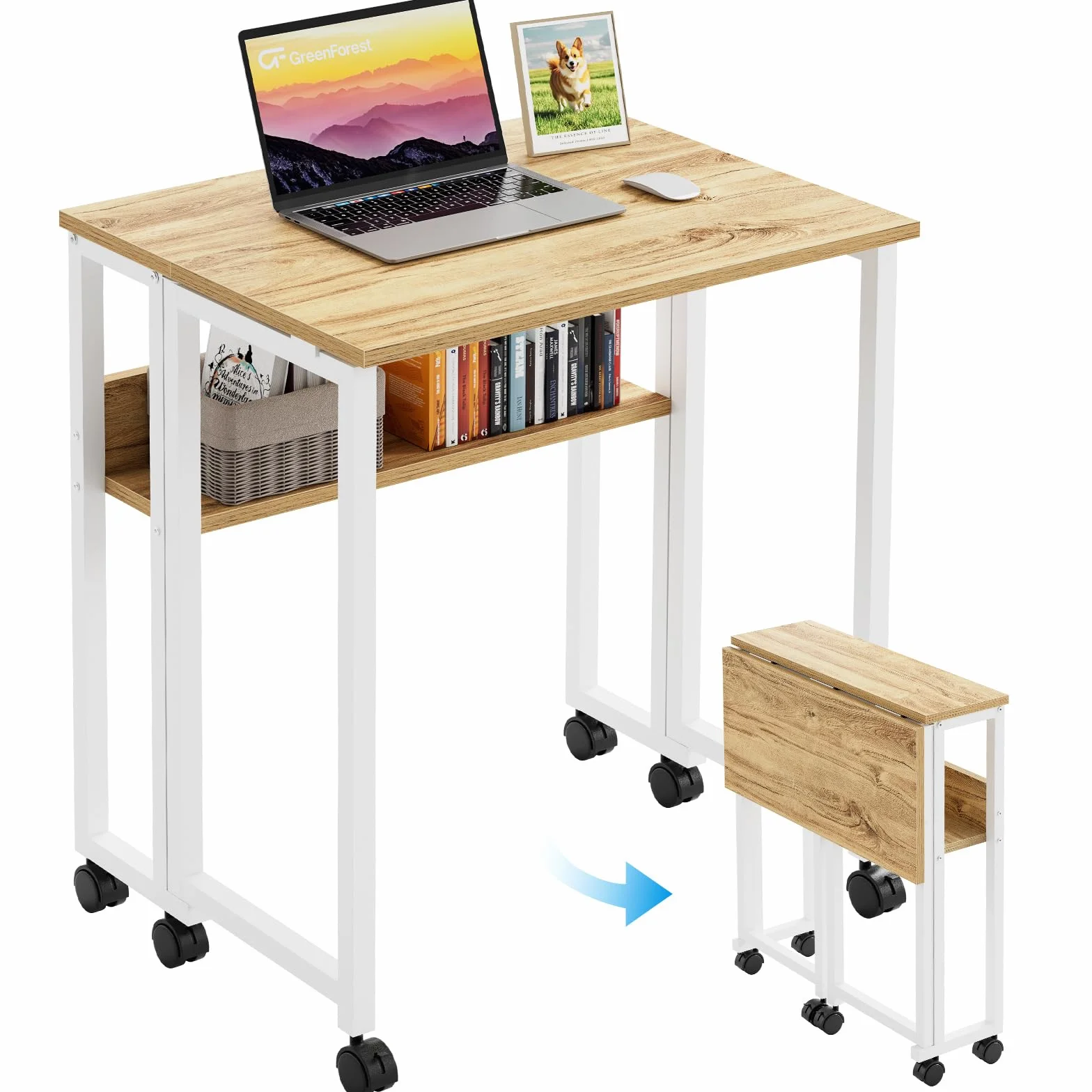 GreenForest Piccola Scrivania Pieghevole Salvaspazio con Scaffale, 63 CM Scrivania da PC su Ruote Facile da Assemblare, Adatta per Ufficio, Camera da Letto e Studio, Beige
