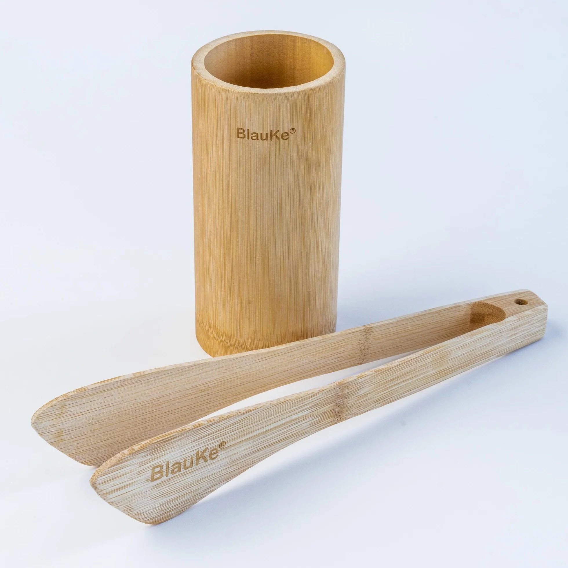 BlauKe® Set di Utensili da Cucina in Bambù Naturale - 8 Pezzi con Paletta, Spatola, Pinze, Cucchiaio in Legno, Porta Mestoli