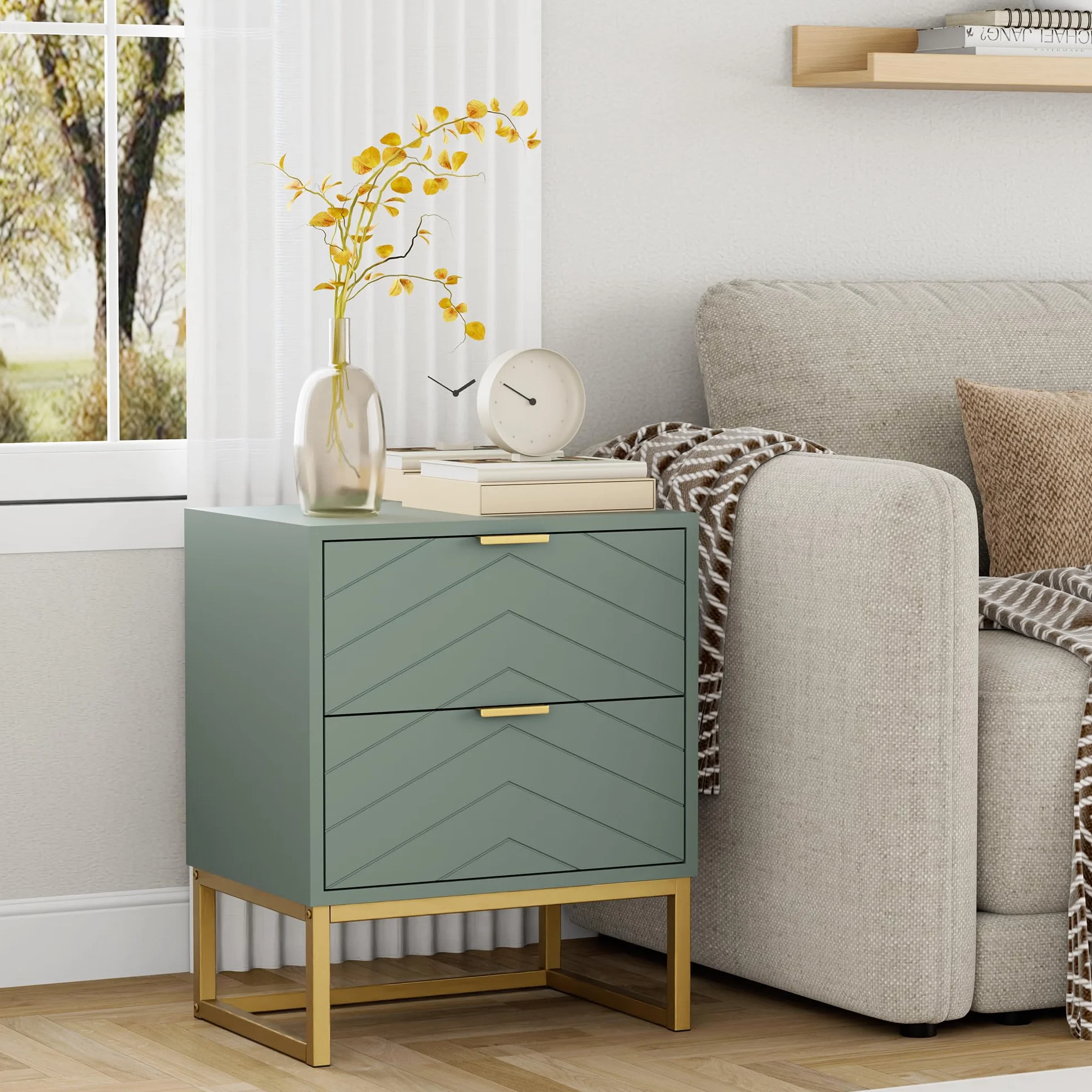 UEV Set di 2 Comodino Camera da Letto con Motivo a V, Mobile Camera da Letto con Miniglie e Piedini in Metallo, Comodino Moderno e Stabile, 46 x 33,5 x 56,5 cm, Verde