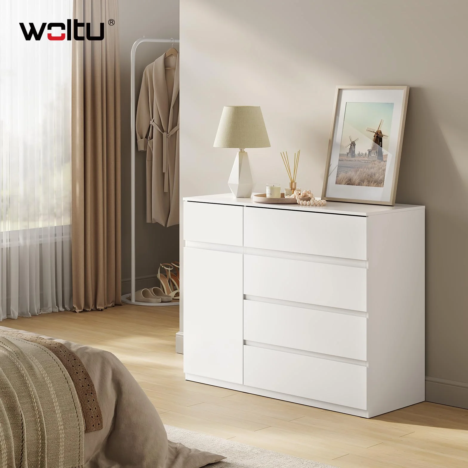 WOLTU Cassettiera Camera da Letto, Mobiletto Salvaspazio con 5 Cassetti e 1 Armadietto, Ripiano Regolabile, per Soggiorno, Ingresso, 100x40x80 cm, Bianco