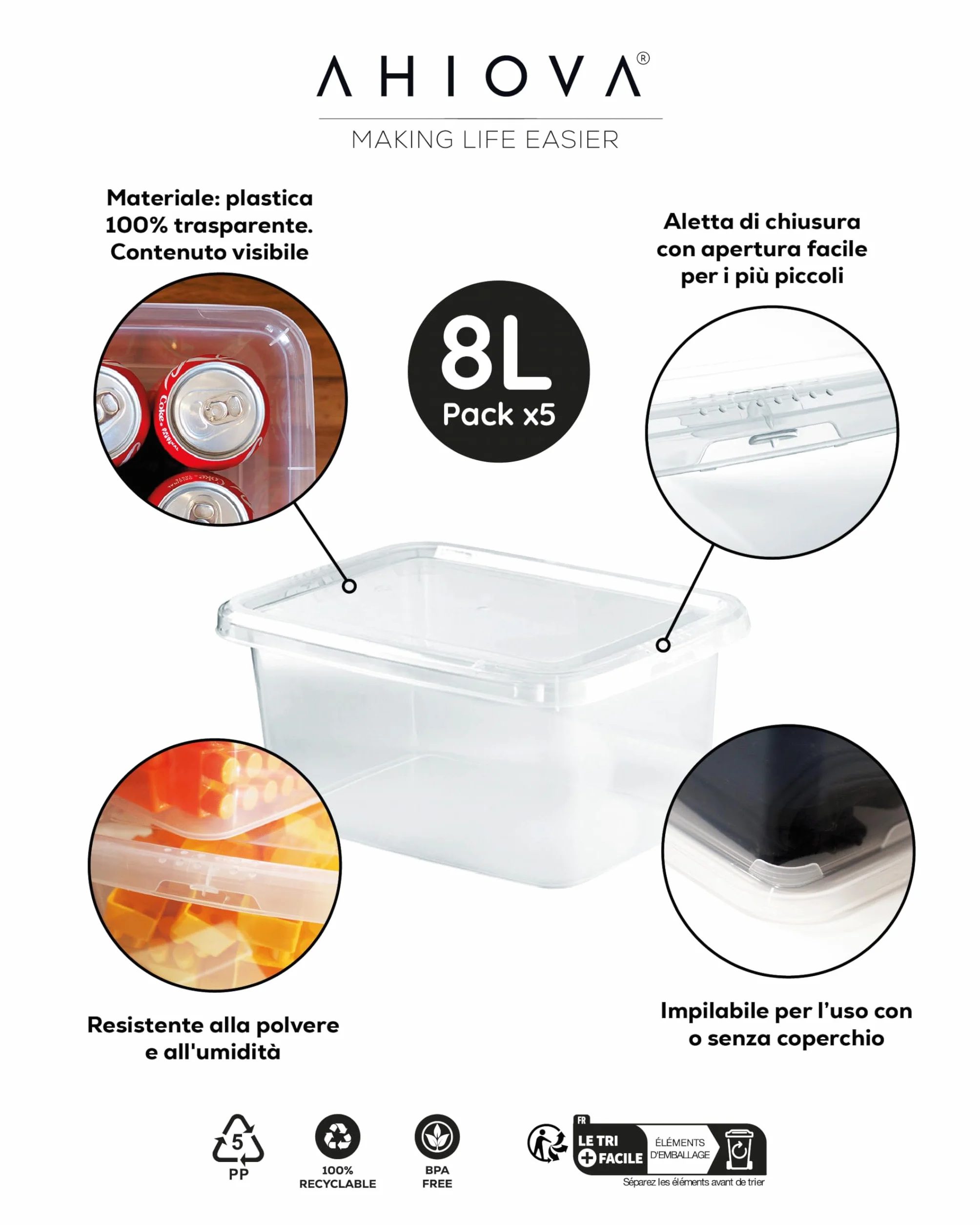 Scatole Plastica 8L con Coperchio Set 5 Portaoggetti Impilabili Trasparenti 33x24x15,5cm Bagno Garage Ufficio