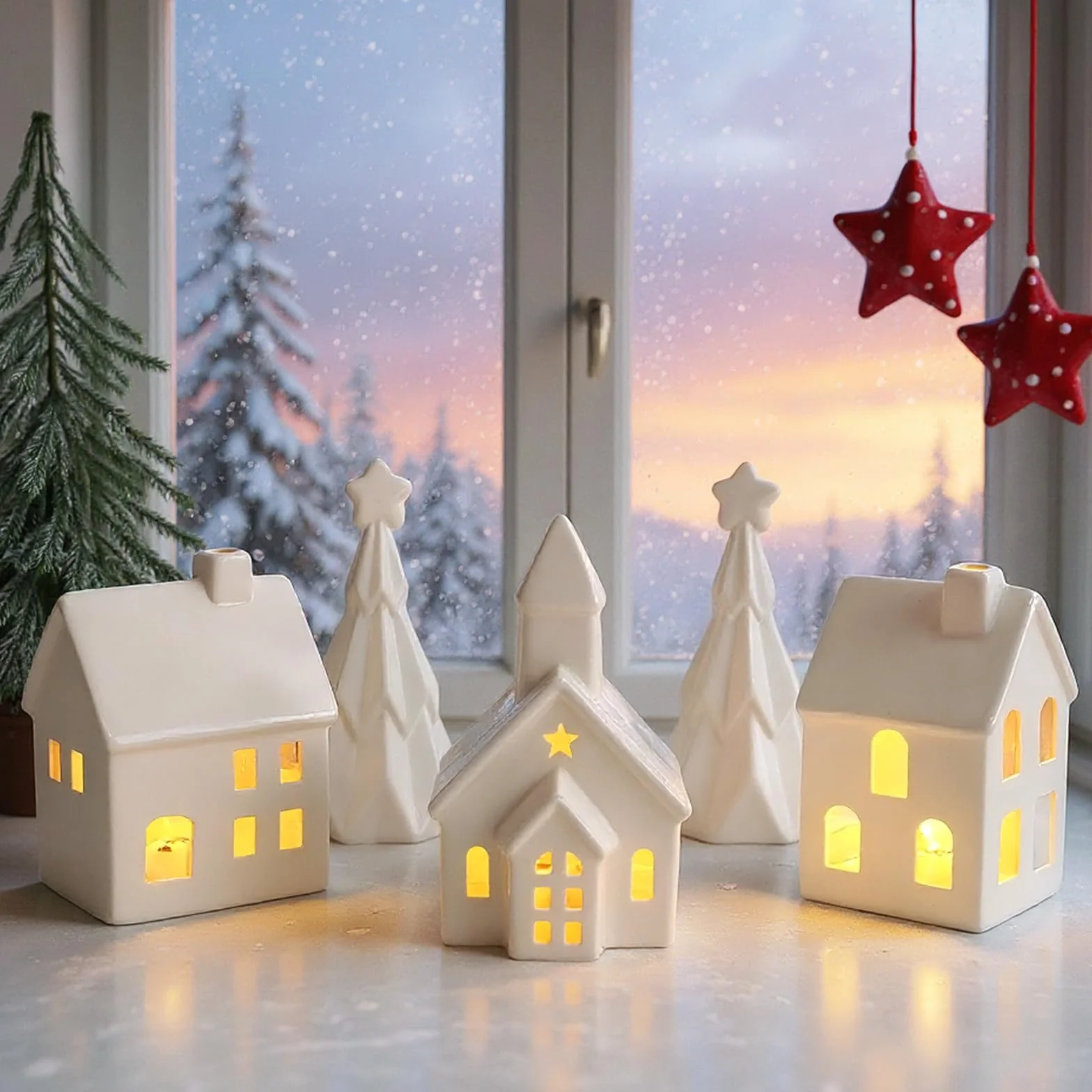 Casa di villaggio di Natale decorazioni natalizie bianche con alberi ceramica luce LED da tavolo
