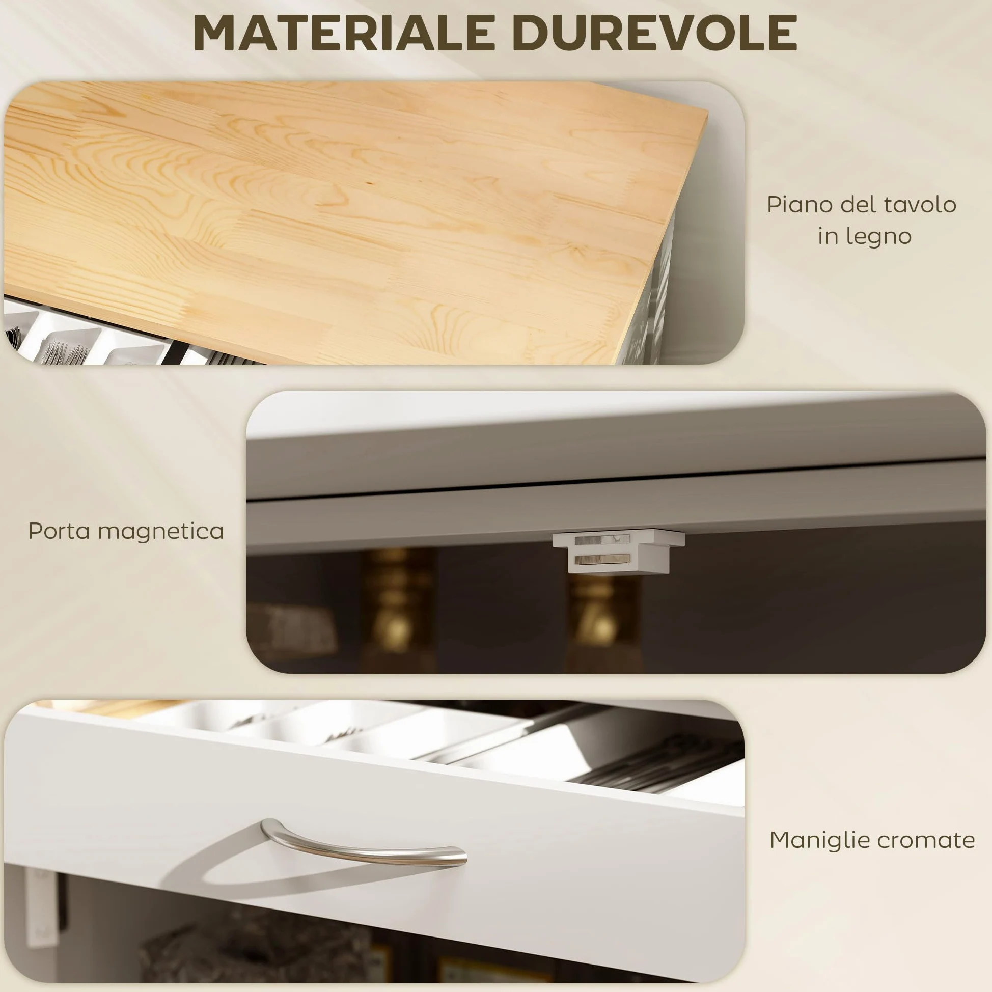 HOMCOM Carrello da Cucina con 9 Portabottiglie, 3 Ante, 4 Ruote e Cassetto, Mobiletto Cucina Salvaspazio con Piano in Legno di Gomma, per Soggiorno, 67x37x87 cm, Bianco e Rovere