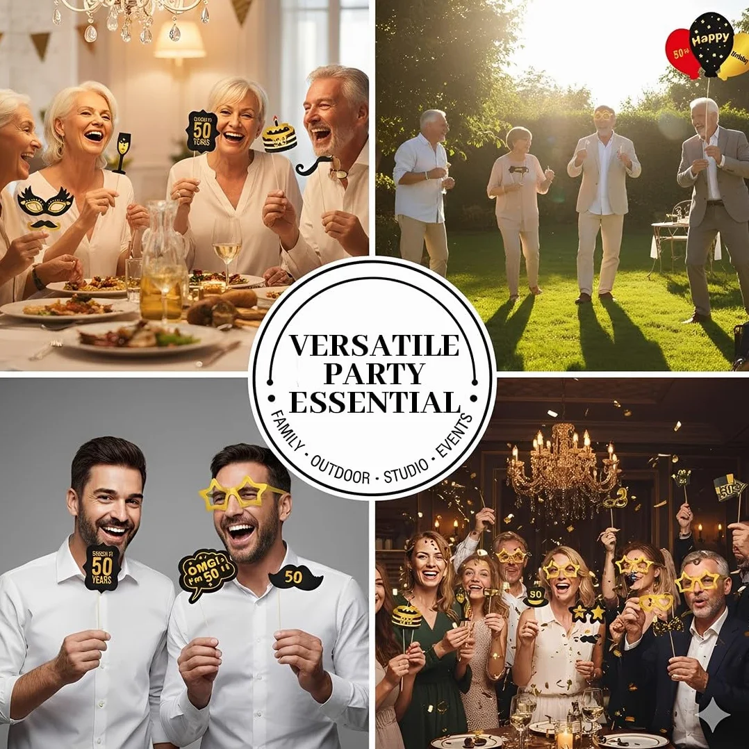 Accessori Photo Booth Decorazione Compleanno 50 Anni Nero Oro, Decorazione Tavolo per Feste