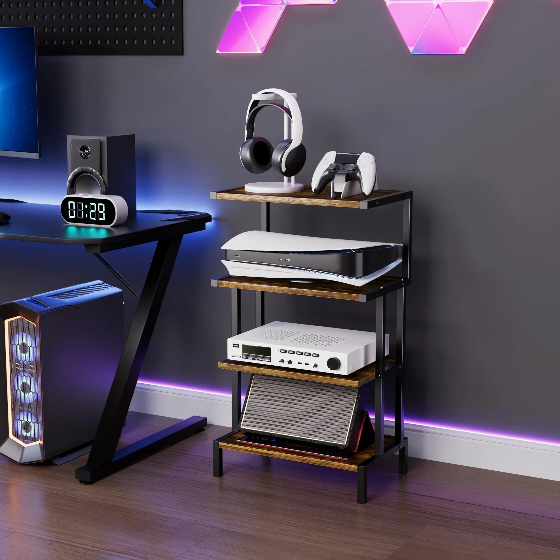 Aquzee Mobile Giradischi, Mobili per Hi Fi Con Supporto Stereo a 4 Livelli per Piccoli Spazi, Supporto per Console di Gioco Con 4 Ripiani, Marrone Rustico