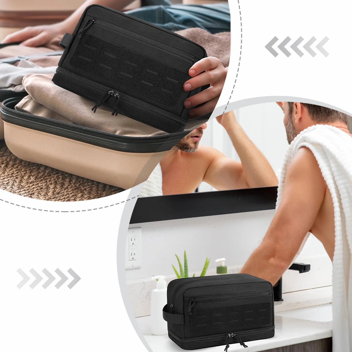 ETRONIK Beauty Case Uomo,Tactico Beauty Case da Viaggio con MOLLE, Impermeabile Borsa Toilette con Tasca Bagnata per Doccia e Palestra,Kit da Barba Appendibile per Toeletta, Nero