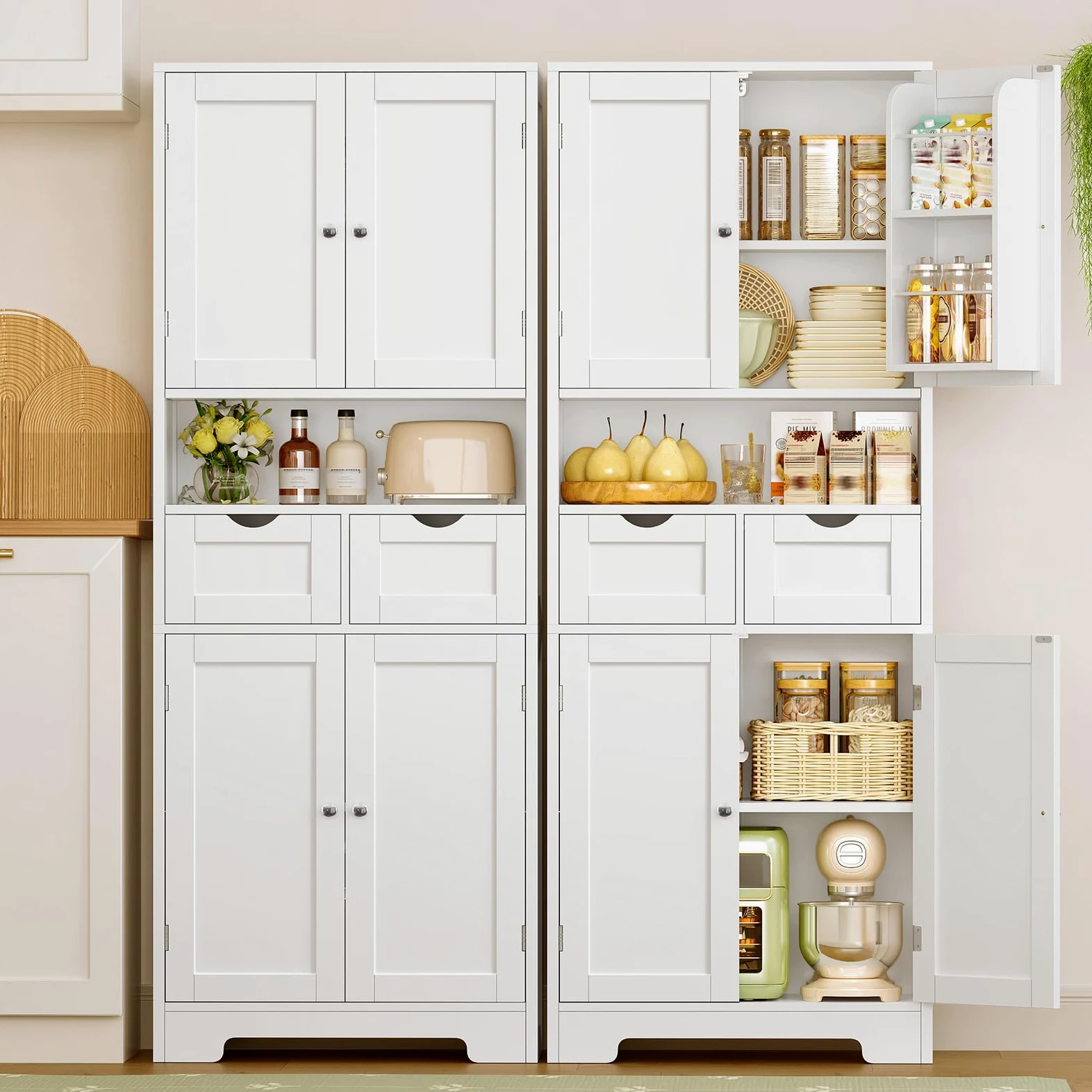 TEENFON Credenza Cucina Alta, Mobile Dispensa Alto 4 Ante e 2 Cassetti con Ripiani Regolabili e Portaspezie sulla Porta, Armadio Multiuso per Cucina, Soggiorno, Bagno, 60 x 30 x 161 cm, Bianco
