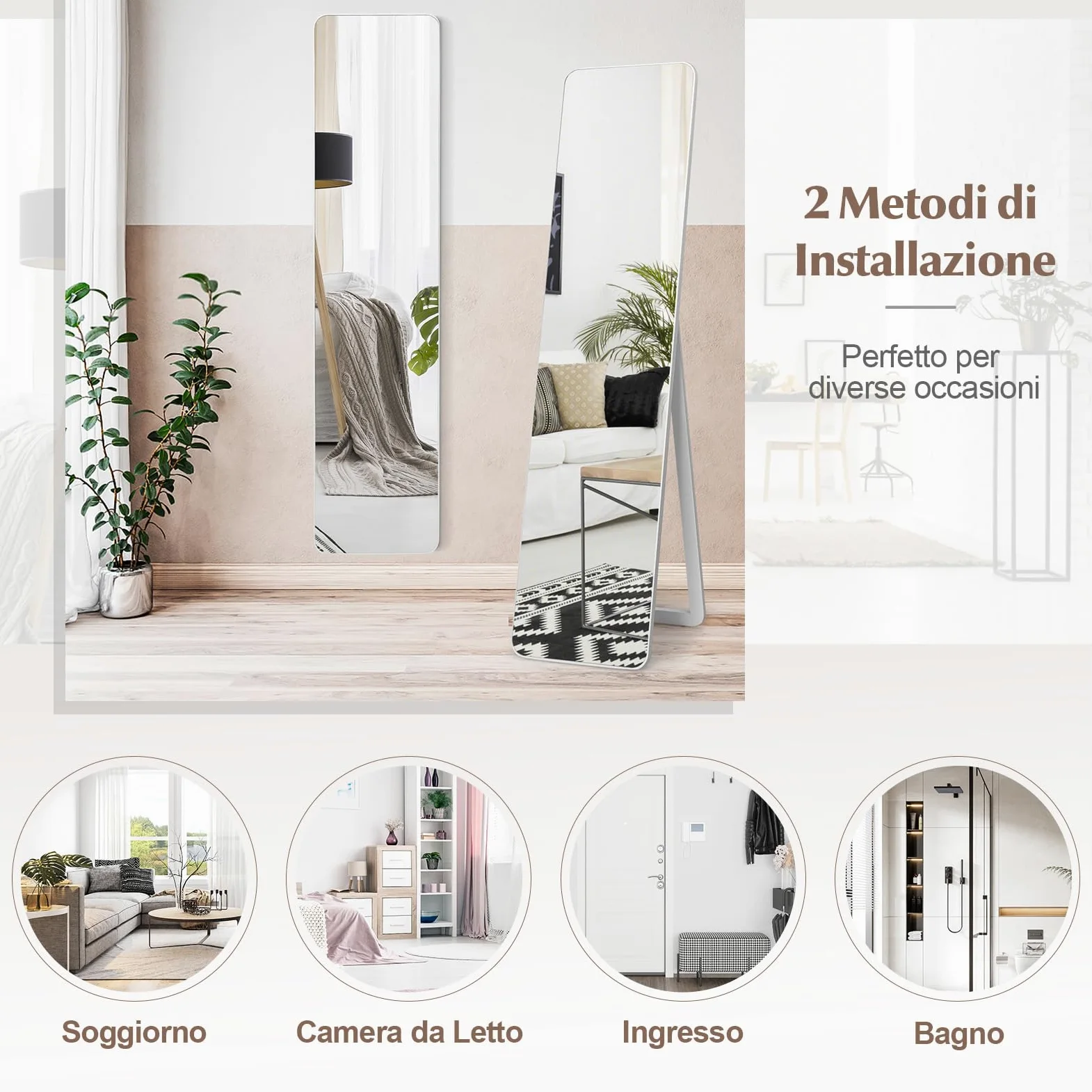 COSTWAY Specchiera da Terra Autoportante a Figura Intera, Specchio Rettangolare, Angolo Regolabile, 2 Metodi di Installazione, Bianco 160x37cm