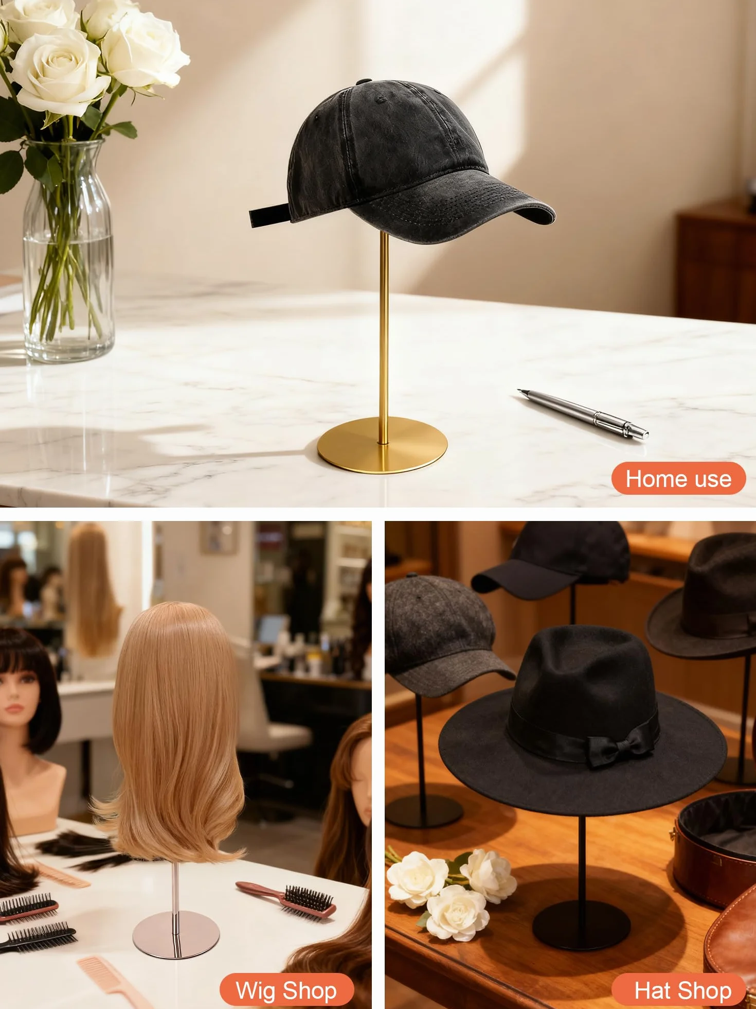 Supporto per cappelli in acciaio inossidabile dorato regolabile 30-55 cm Espositore da cowboy