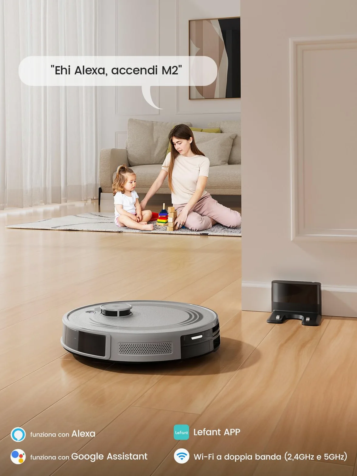 Lefant M2 Robot Aspirapolvere Lavapavimenti con Mappatura Laser dToF 2 in 1, 6000Pa, Navigazione Intelligente PSD Anti-Ostacoli, 160 Min,Controllo APP/Alexa, Ideale per Peli Animali, Grigio
