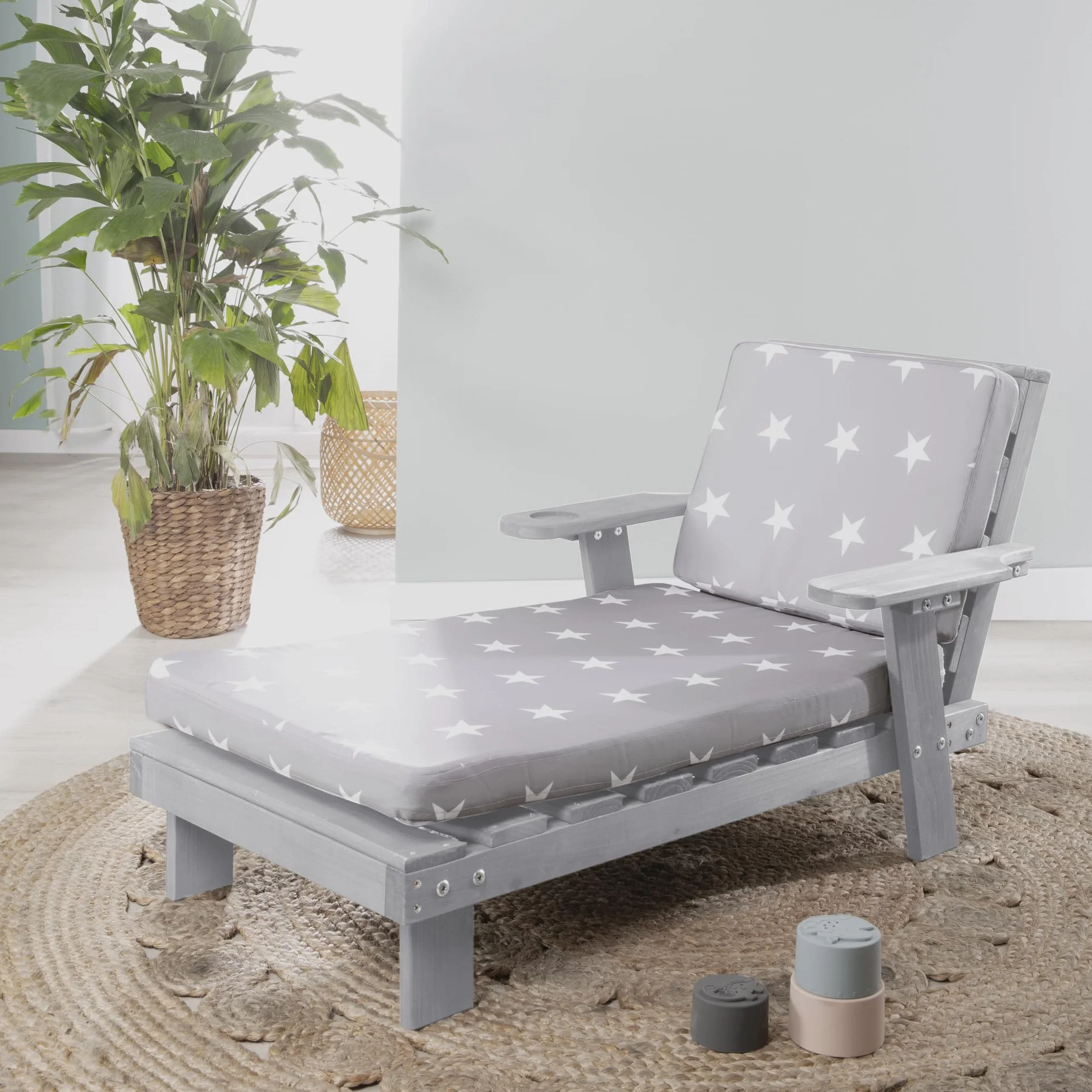 roba Sdraio per Bambini con Cuscini Little Stars - per Esterno, Giardino, Terrazza, all'Aria Aperta - Resistente alle Intemperie - con Portabicchieri - Certificato FSC - Legno Laccato Grigio