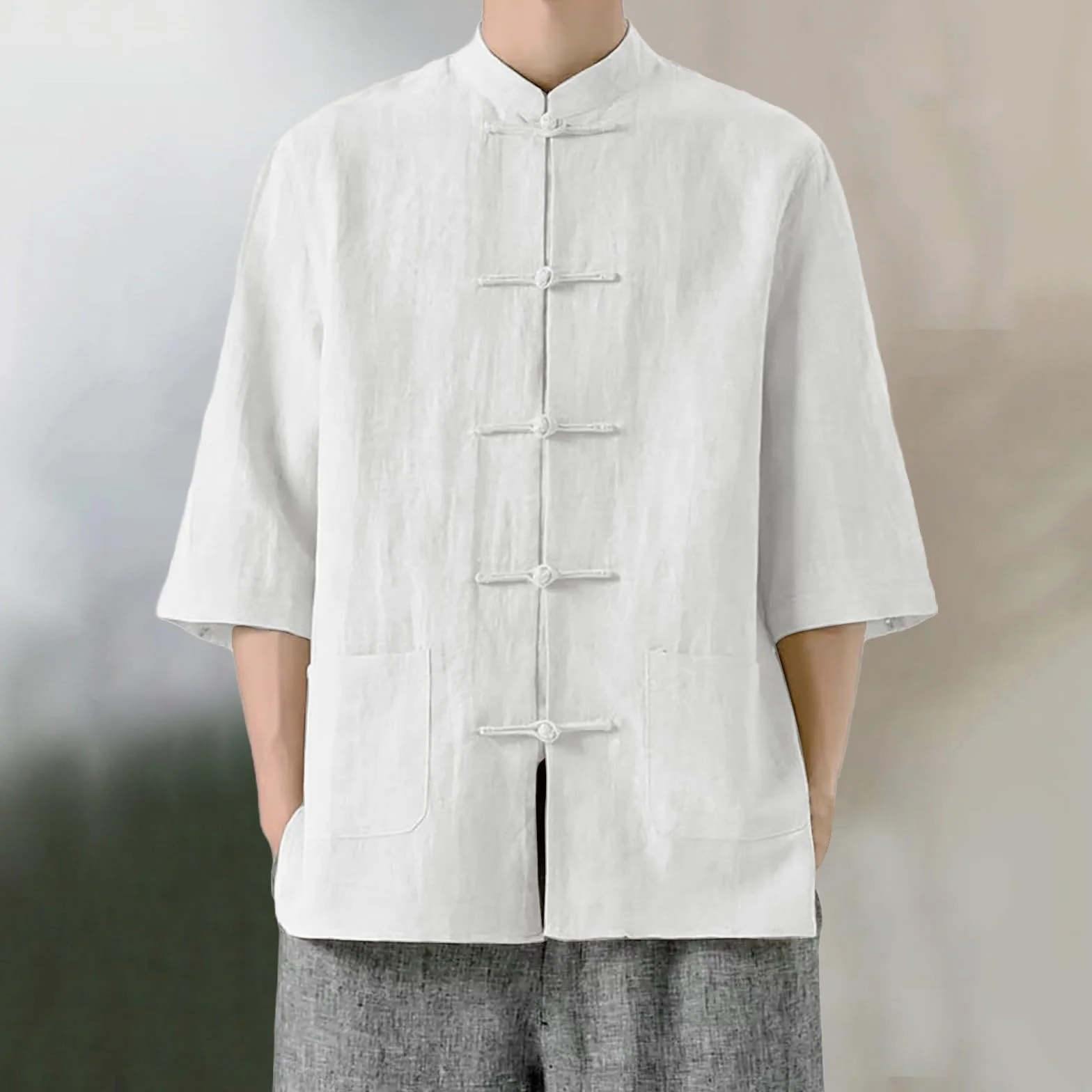 Camicia da Kung Fu uomo cotone lino stile tradizionale cinese giacca maniche lunghe Tai Chi