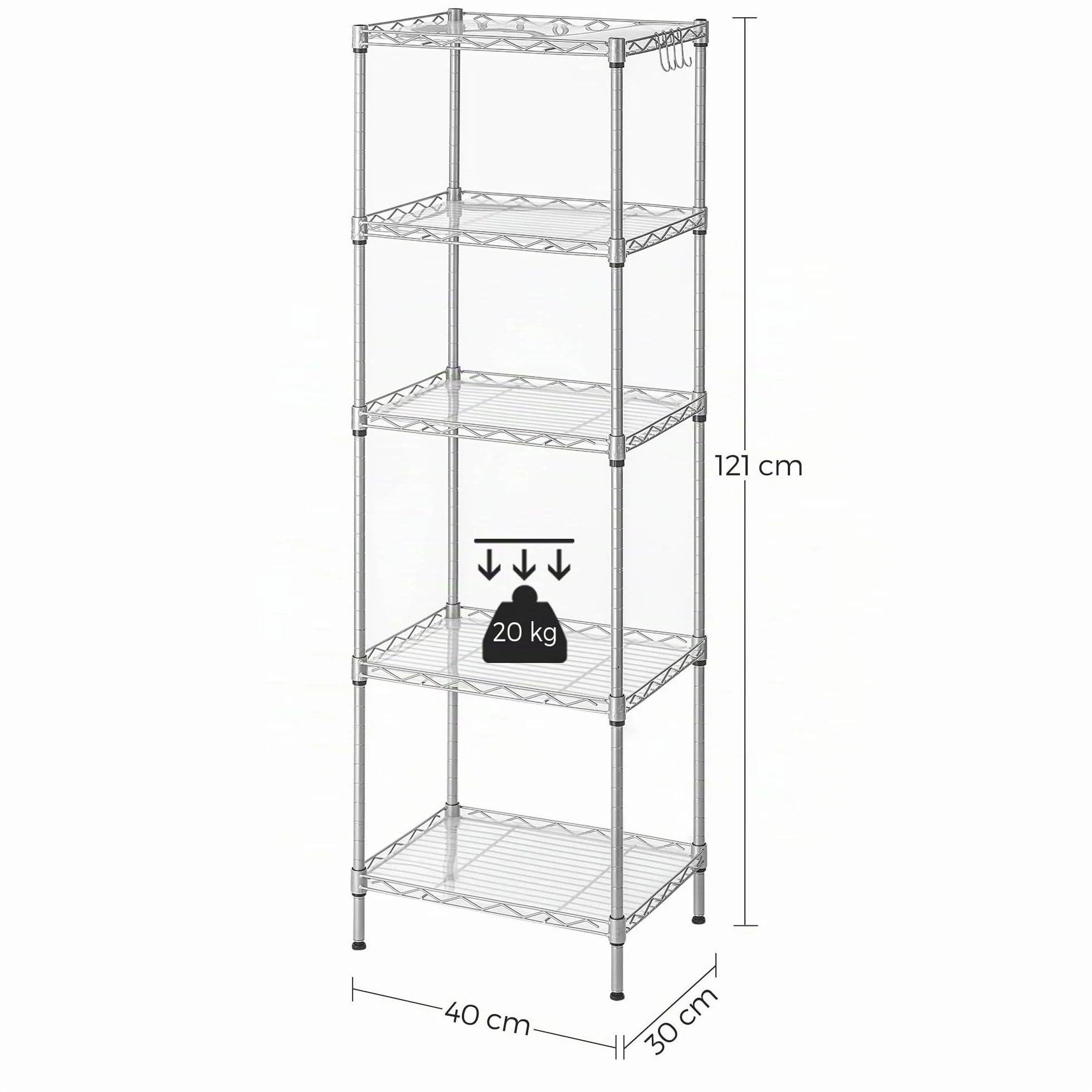 SONGMICS Mensola da cucina a 5 livelli, 8 ganci, regolabile in altezza, metallo, argento LGR115E01