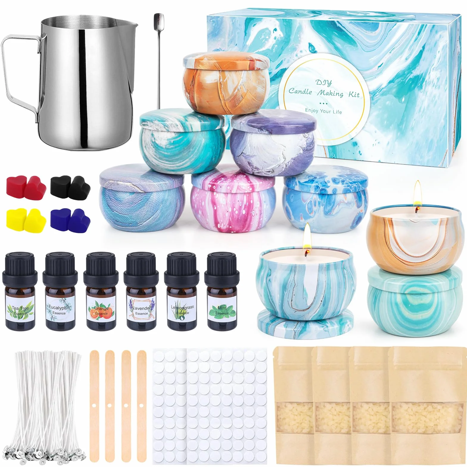 Kit Candele Fai Da Te, 480g Cera D'Api, 9 Barattoli, 6 Olio Profumato, 8 Blocchi Di Colore, Pentola Fusione Cera
