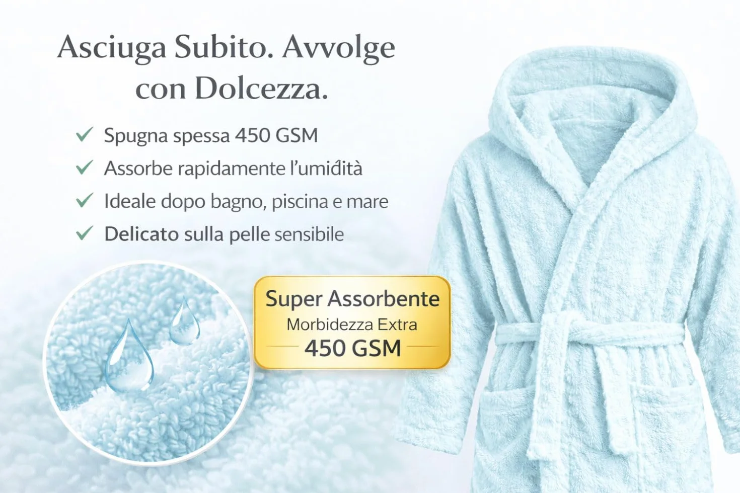 Accappatoio Bambino 100% Cotone 450 GSM Cappuccio Spugna Morbida Assorbente Bimbo Bambina 2-16 Anni
