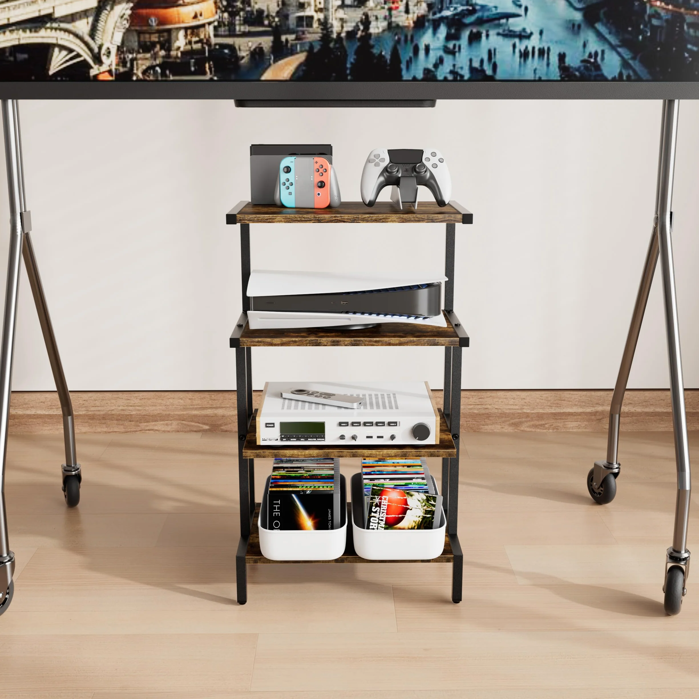 Aquzee Mobile Giradischi, Mobili per Hi Fi Con Supporto Stereo a 4 Livelli per Piccoli Spazi, Supporto per Console di Gioco Con 4 Ripiani, Marrone Rustico
