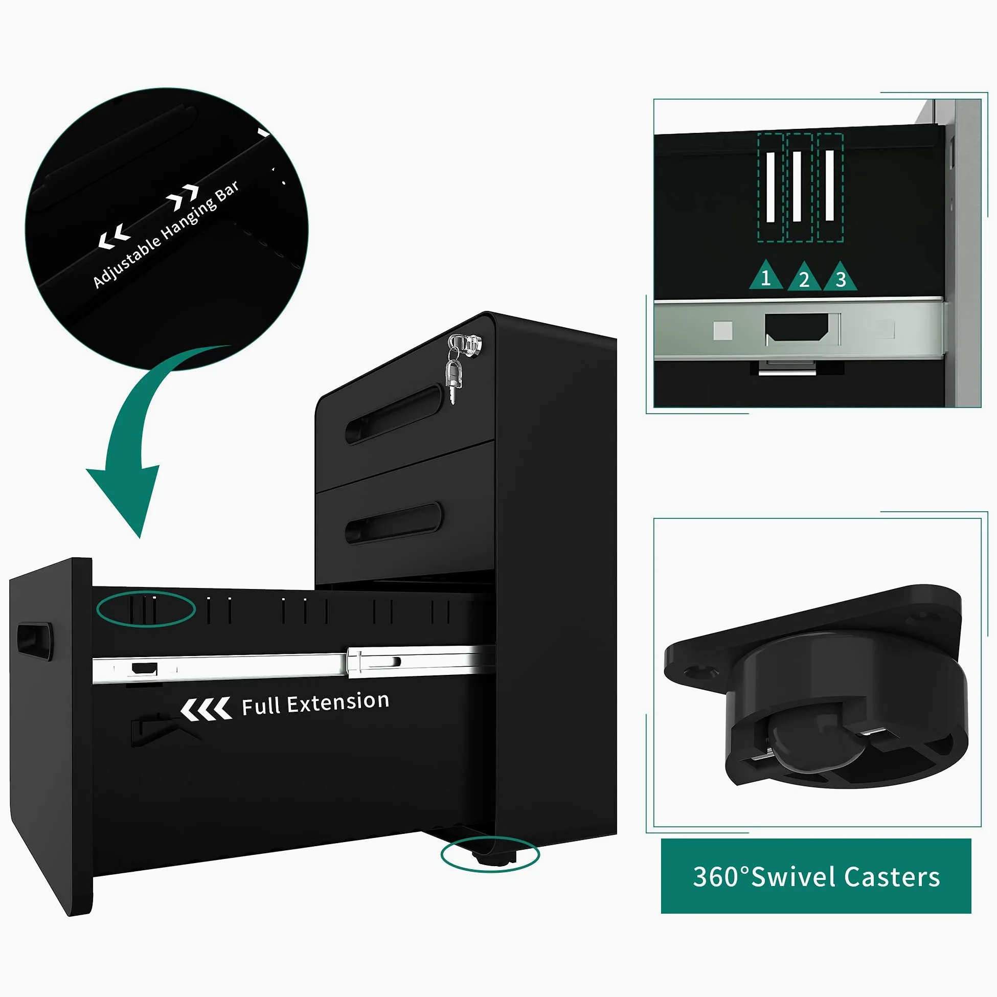 YITAHOME Armadietto Per Documenti A 3 Cassetti In Metallo Con Serratura, Completamente Assemblato, Nero, Large