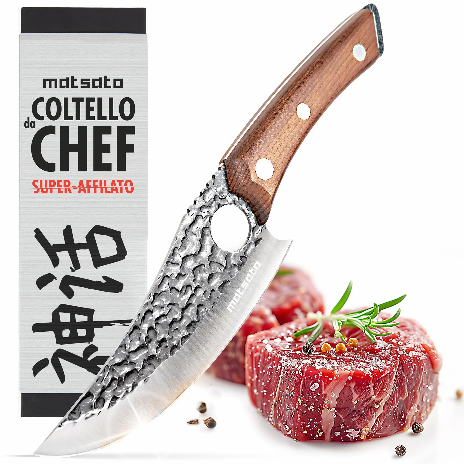 Matsato Set Coltello Professionale da Cucina in Acciaio Giapponese con Lama 15 cm, Coltello Cucina per Carne e Verdure con Fodero di Pelle, Custodia Coltelli BBQ