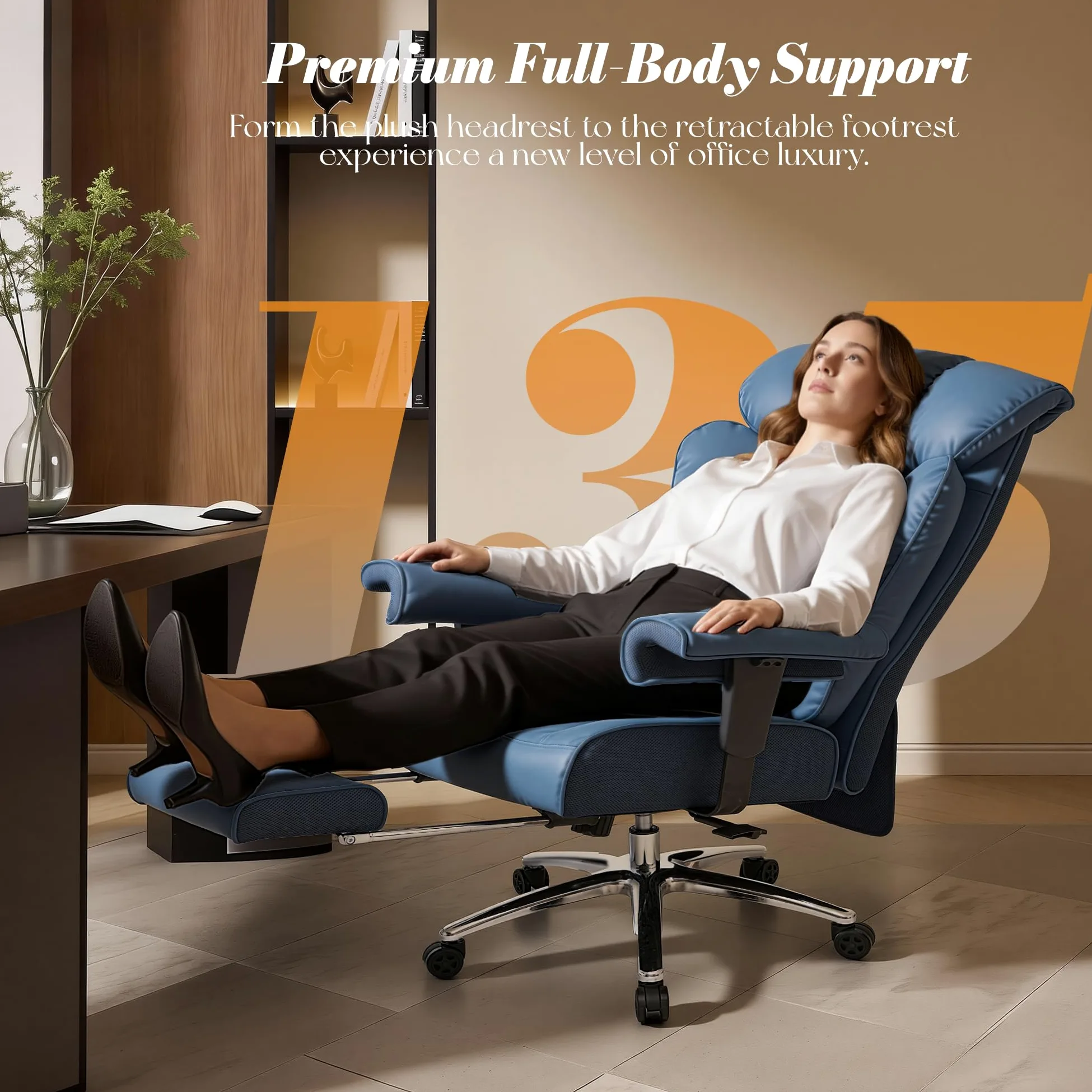 Efomao Sedia da Ufficio Ergonomica, Poltrona Direzionale in Ecopelle PU con Poggiapiedi Estraibile, Sedia da Scrivania Reclinabile con Imbottitura Spessa, Supporto Lombare, Portata 200kg (blu)