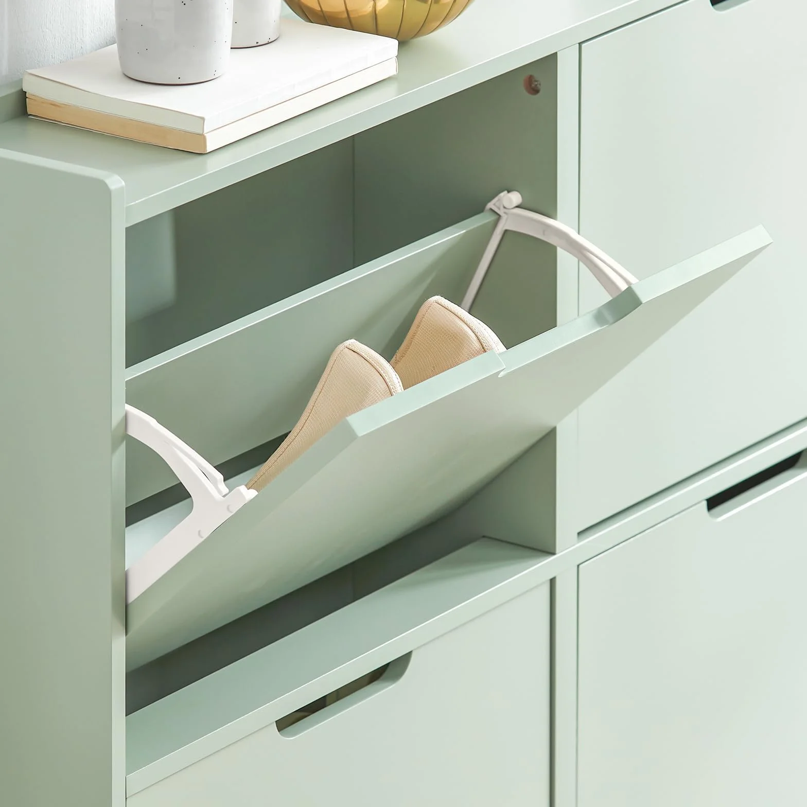 SoBuy Scarpiera Salvaspazio Slim da Ingresso Mobile Portascarpe 4 Ante a Ribalta Regolabili Legno Armadio Alta Stretta Corridoio 100x19x91 cm Verde Chiaro FSR100-GR