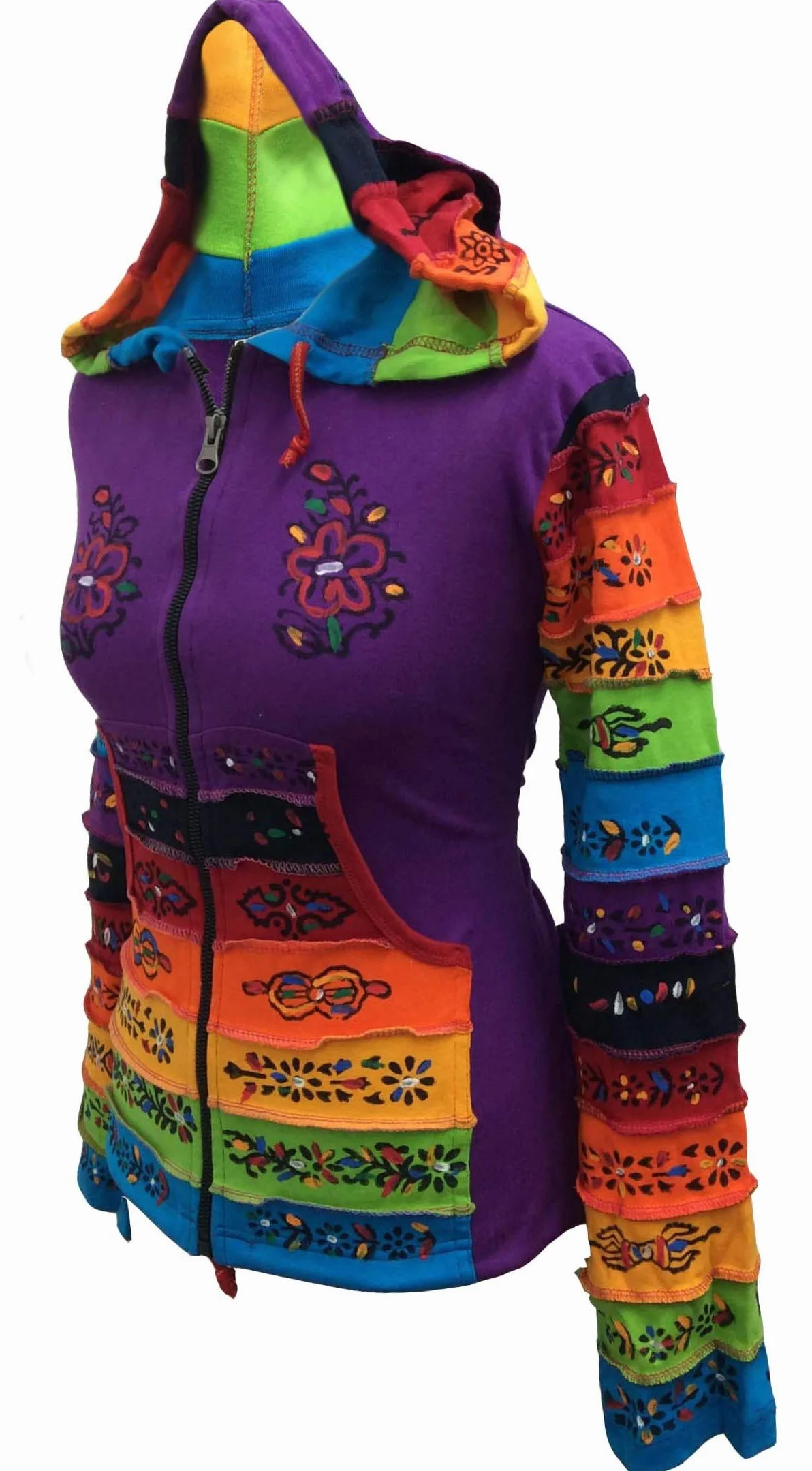 Shopoholic Fashion Giacca da Festival Hippie con Cappuccio e Toppa a Forma di Fiore con Maniche Arcobaleno da Donna
