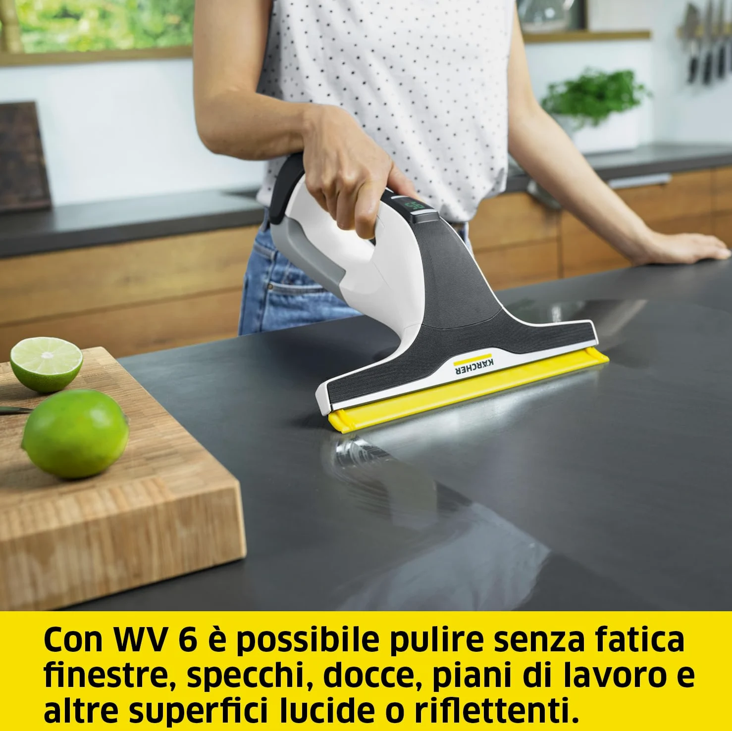 KÄRCHER Lavavetri Aspiragocce WV 6 Plus, pulizia di vetri, piastrelle, doccia, piani cottura, Serbatoio 150ml, Autonomia 100 min, Bocchetta 28cm, 20 ml detergente concentrato