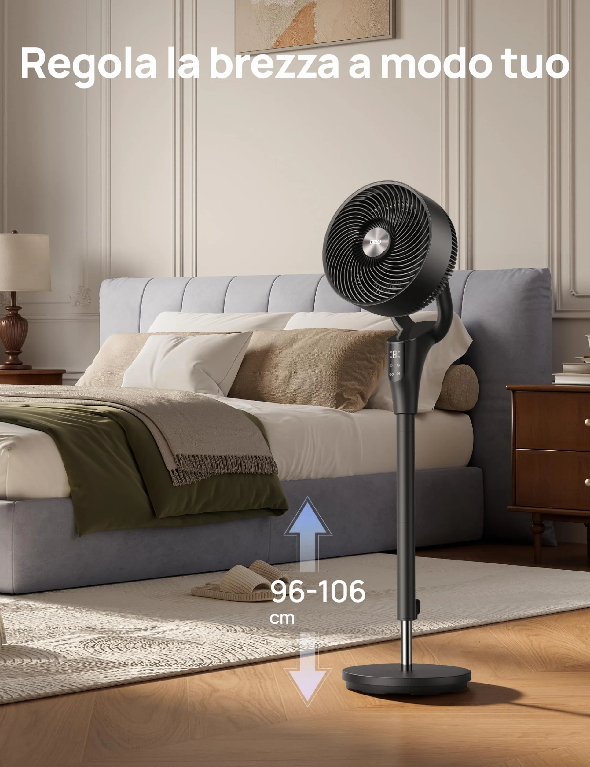 DREO Ventilatore a Piantana Silenzioso per Camera da Letto [Aggiornato], Flusso d’Aria 27m, 20dB, Oscillazione 90°, Motore DC, 8 Velocità, 3 Modalità, Altezza 96–106cm, Timer 8H, Inclinazione 105°