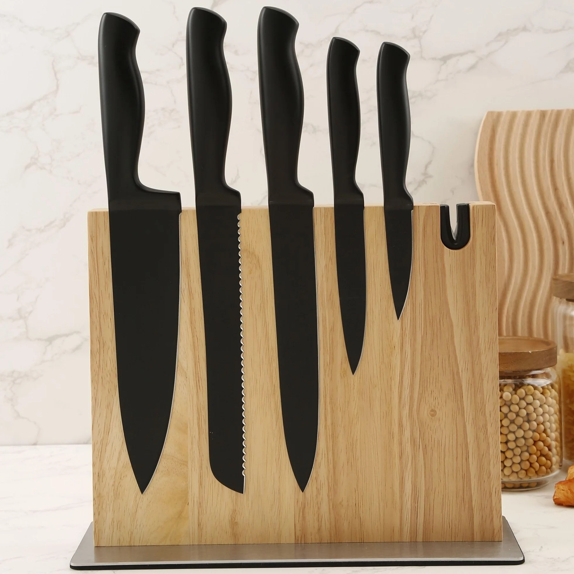 Magnetico Ceppo Coltelli da Cucina XL con Affilacoltelli Integrato, Legno Massiccio