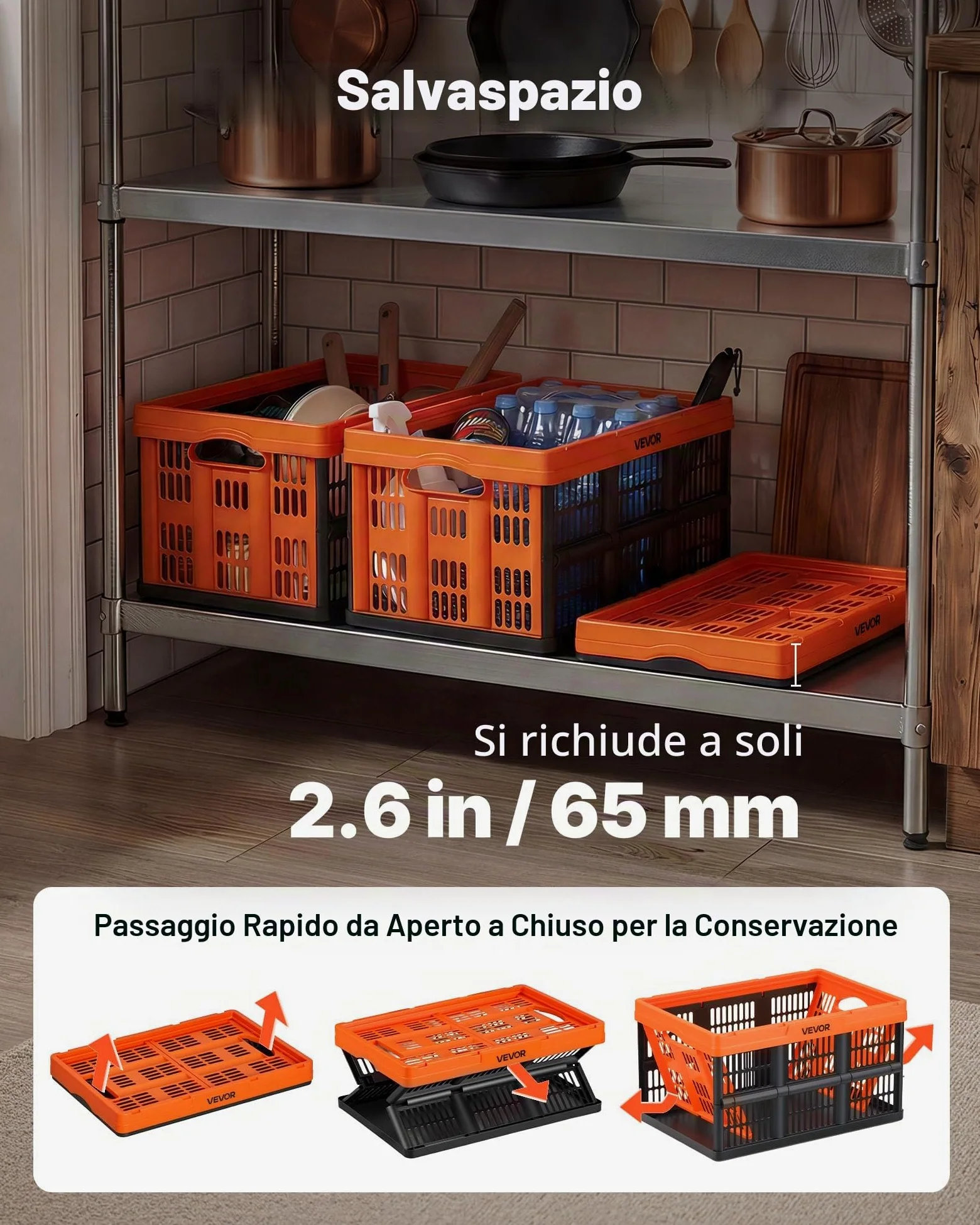 VEVOR Scatole Portaoggetti Pieghevoli in Plastica 45 L, Cassette Pieghevoli Impilabili con Maniglie, Confezione da 6, Portata Massima 15 kg, Cestini Contenitori Pieghevoli Resistenti e Salvaspazio