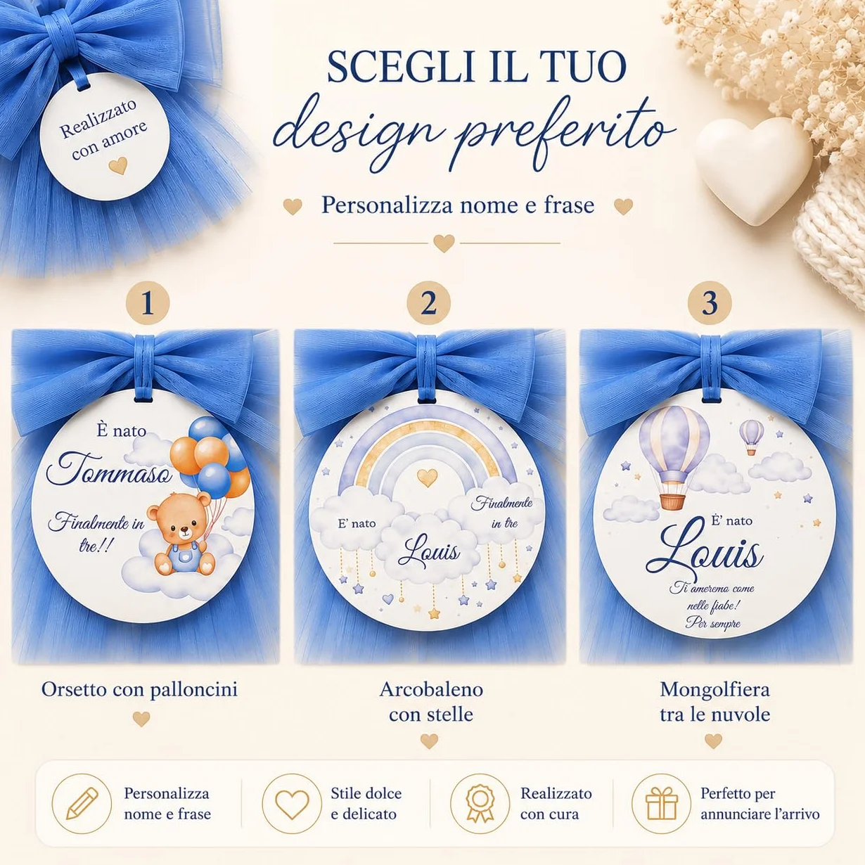 Fiocco Nascita Personalizzato con Nome e Frase, Decorazione Artigianale in Legno per Porta cameretta Neonato, Regalo Nascita Originale (Azzurro, Orsetto)